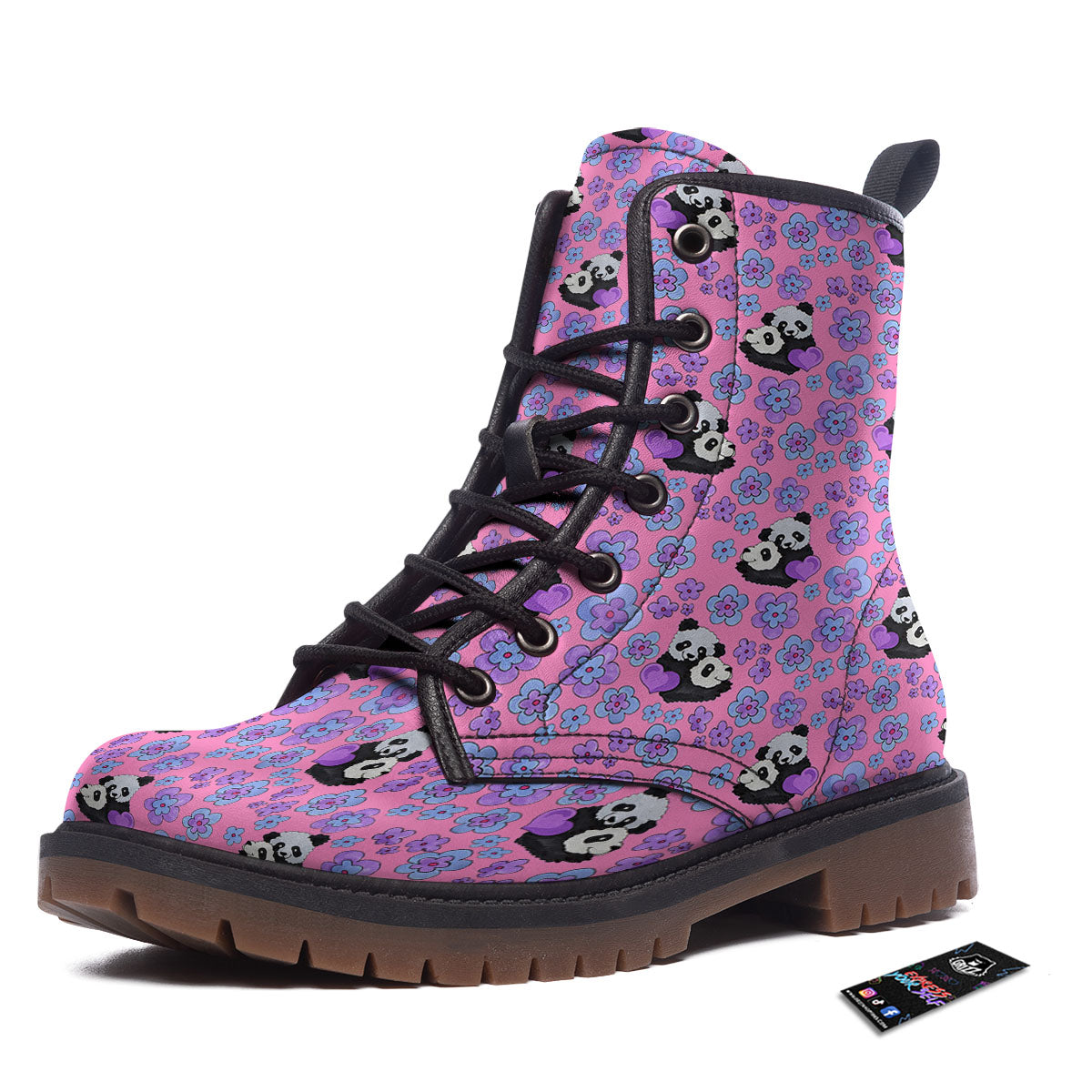 Flower And Purple Panda Print Pattern Work Boots-grizzshop