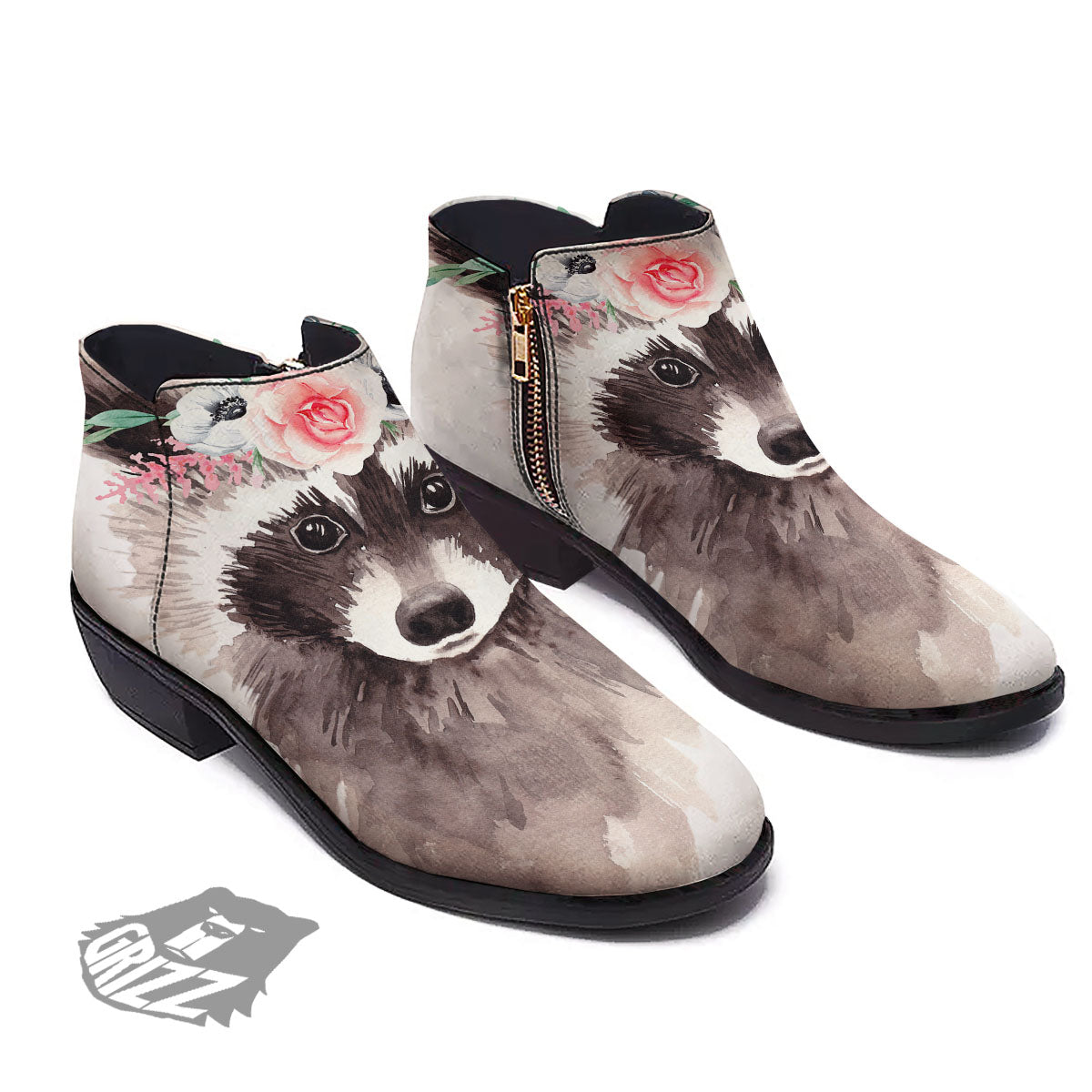 Flower And Raccoon Print Ankle Boots-grizzshop