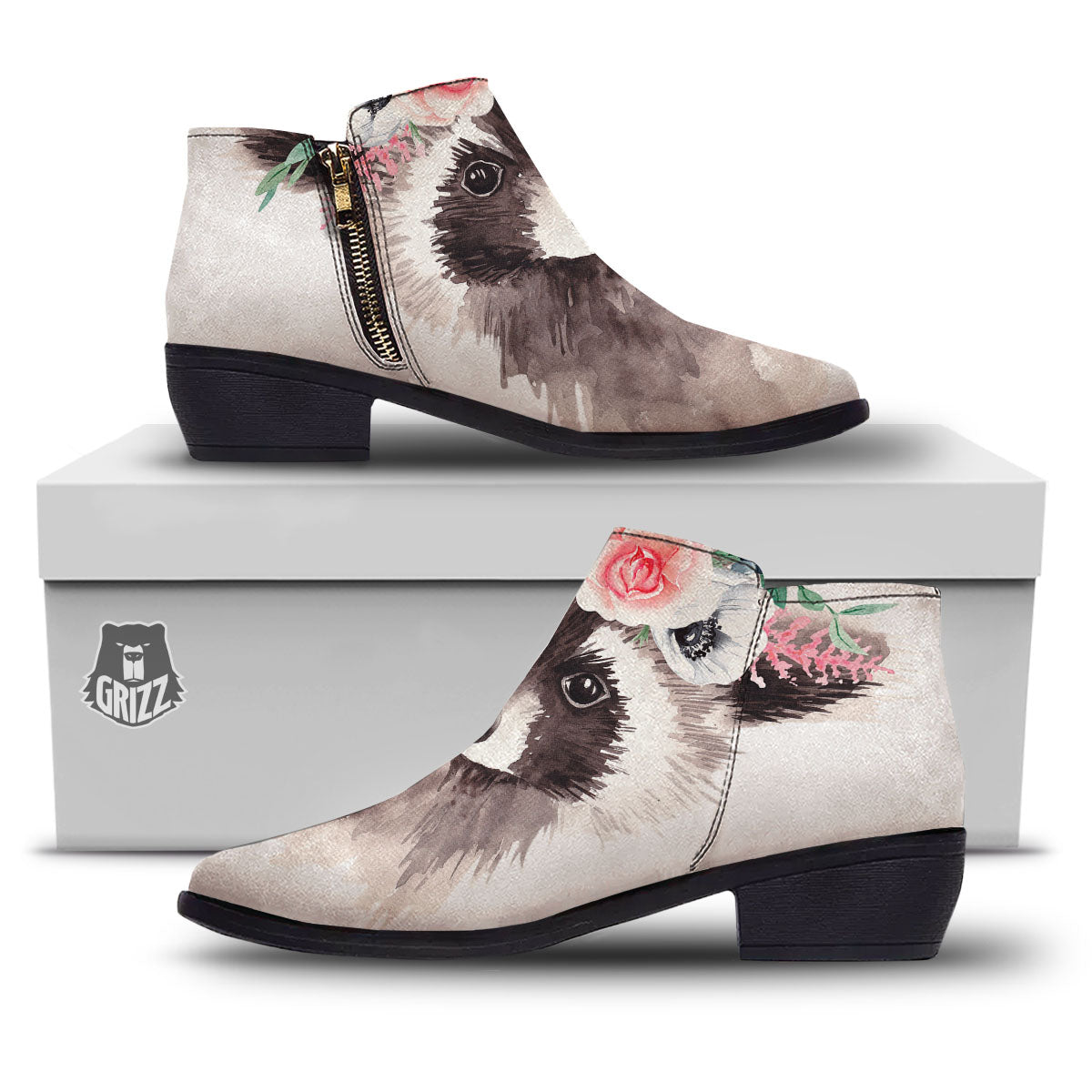 Flower And Raccoon Print Ankle Boots-grizzshop
