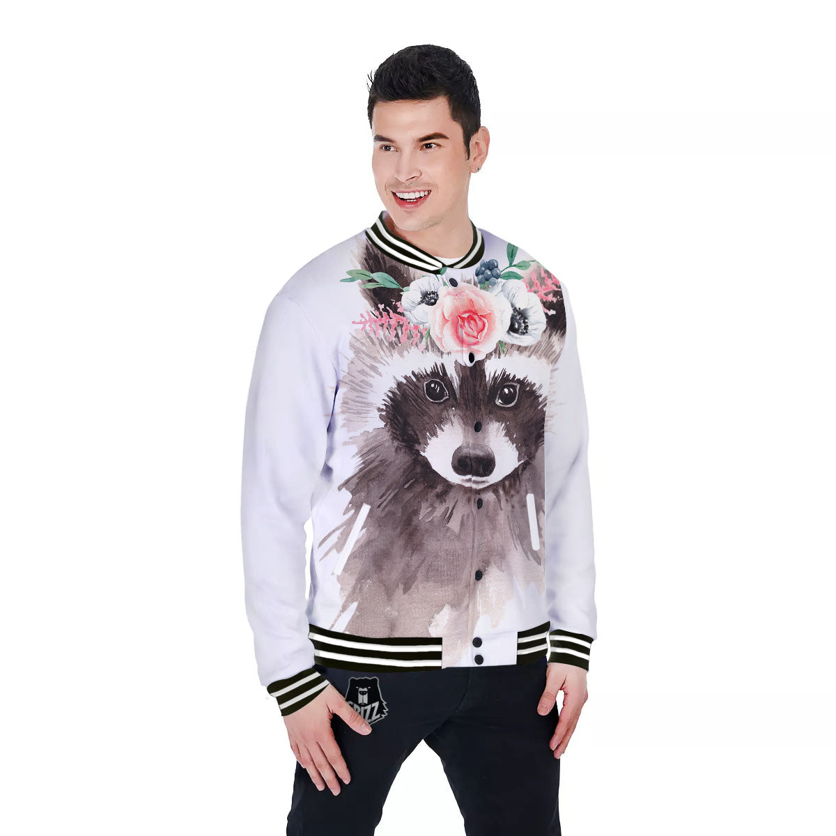 Flower And Raccoon Print Baseball Jacket-grizzshop
