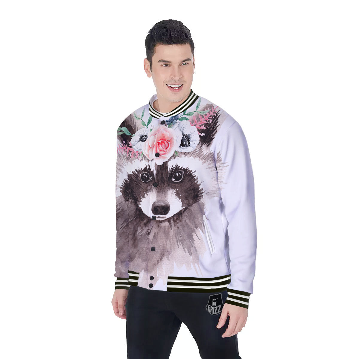 Flower And Raccoon Print Baseball Jacket-grizzshop