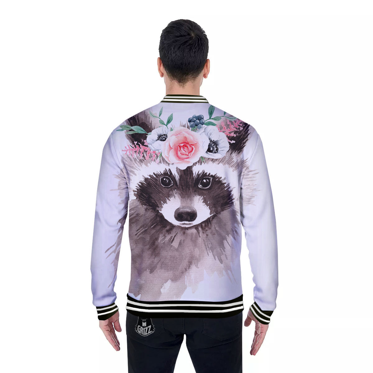 Flower And Raccoon Print Baseball Jacket-grizzshop