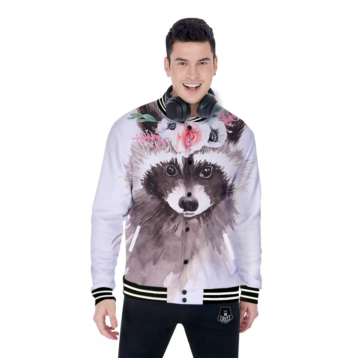 Flower And Raccoon Print Baseball Jacket-grizzshop