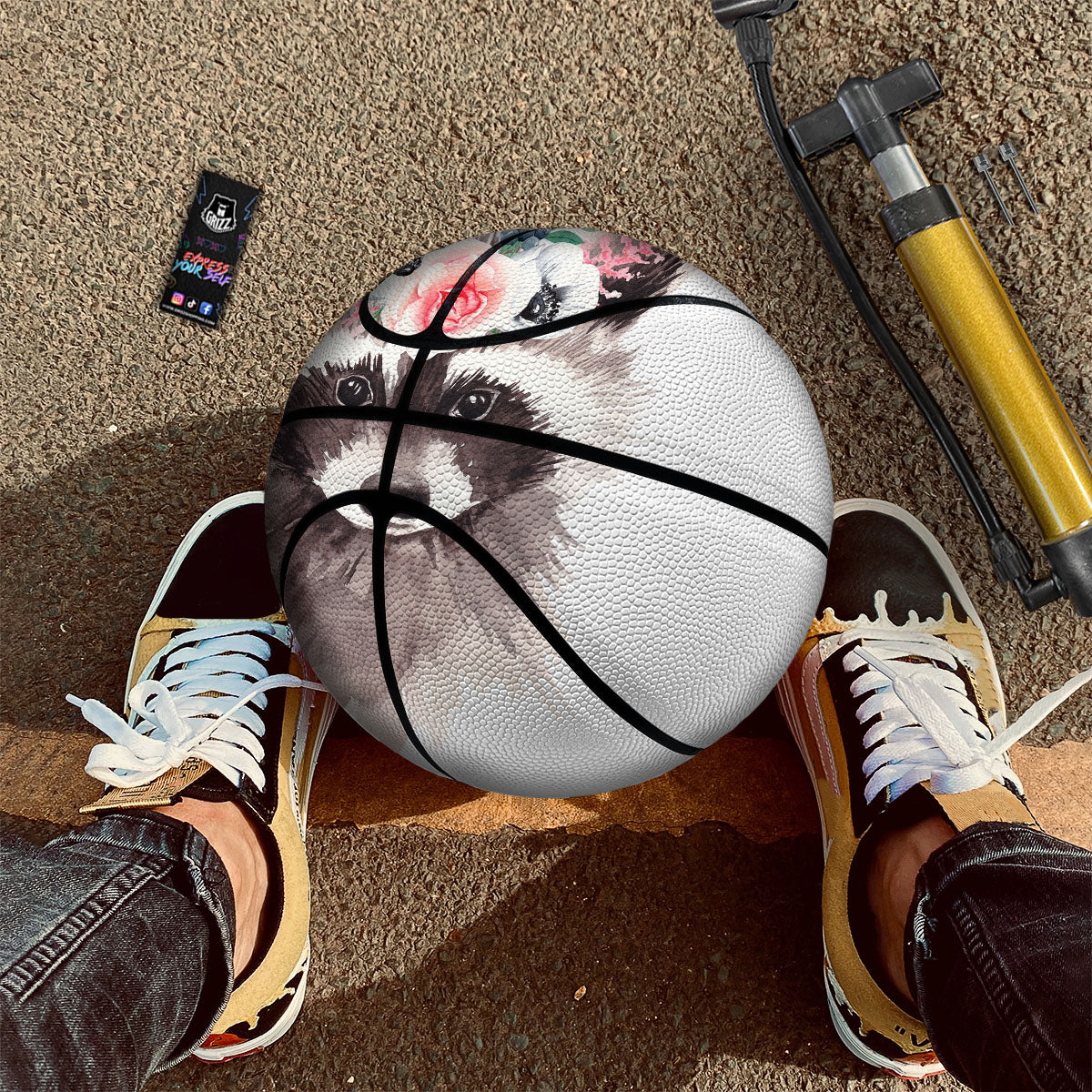 Flower And Raccoon Print Basketball-grizzshop