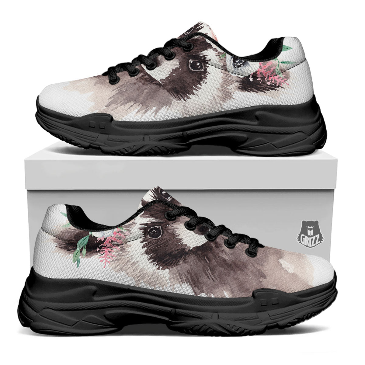 Flower And Raccoon Print Black Chunky Shoes-grizzshop