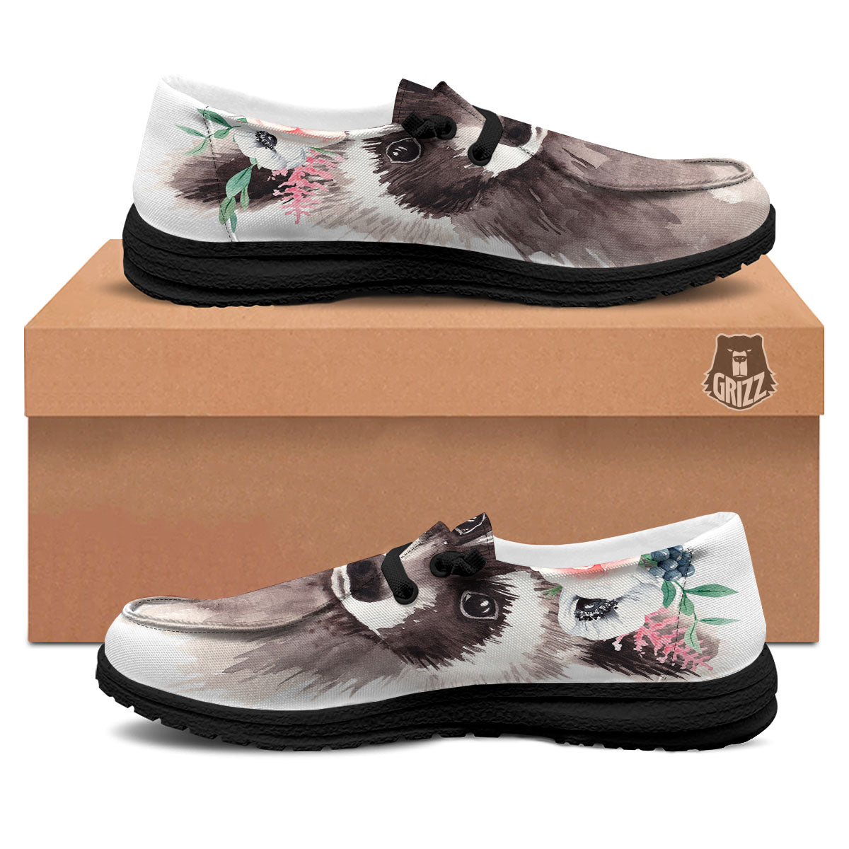 Flower And Raccoon Print Black Loafers-grizzshop