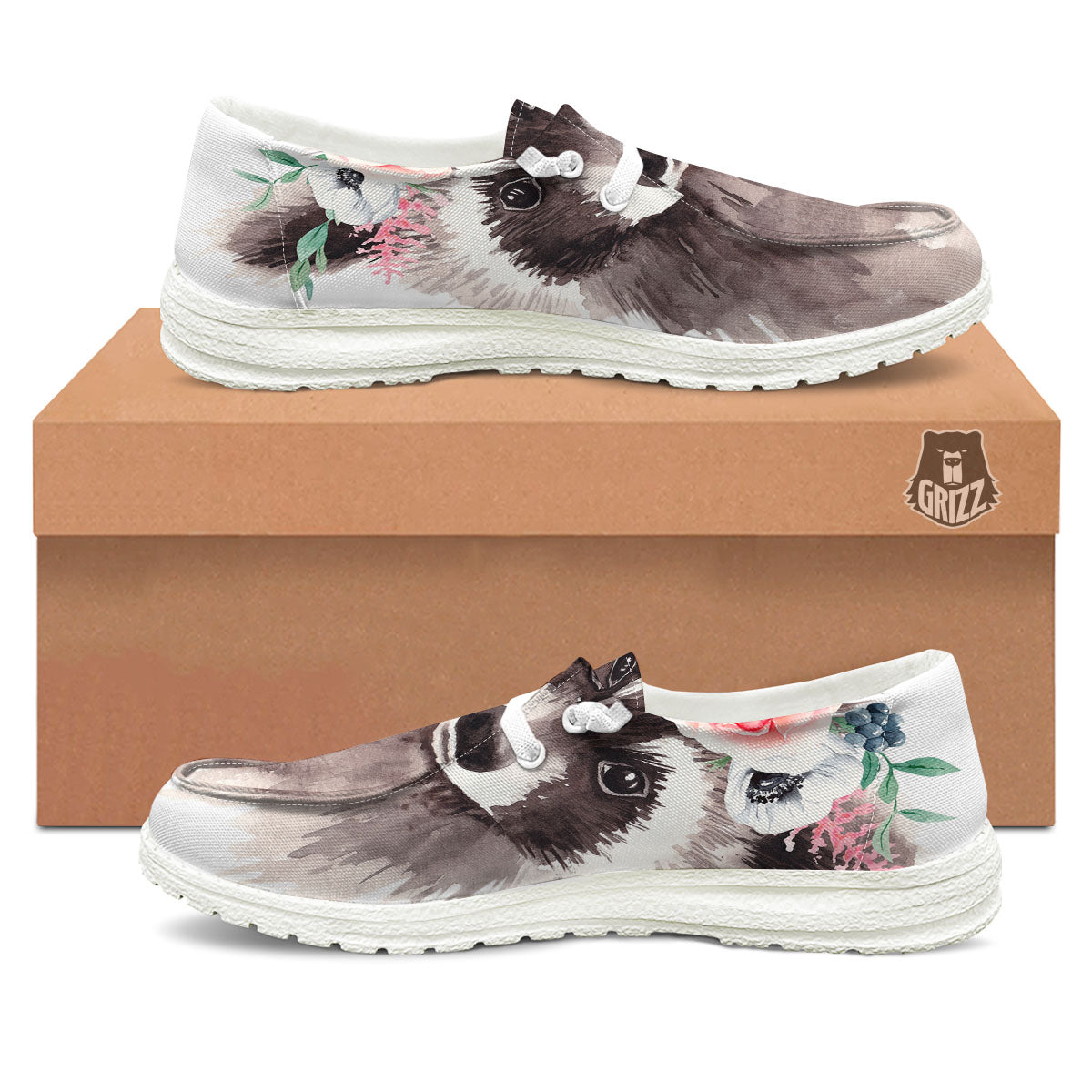 Flower And Raccoon Print Black Loafers-grizzshop