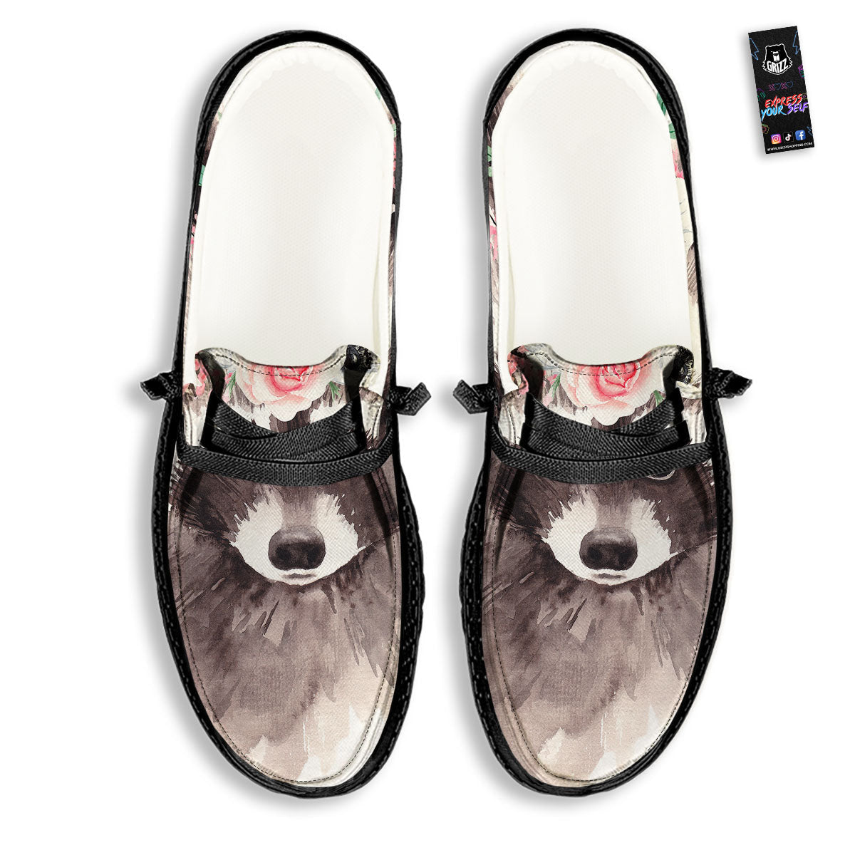 Flower And Raccoon Print Black Loafers-grizzshop