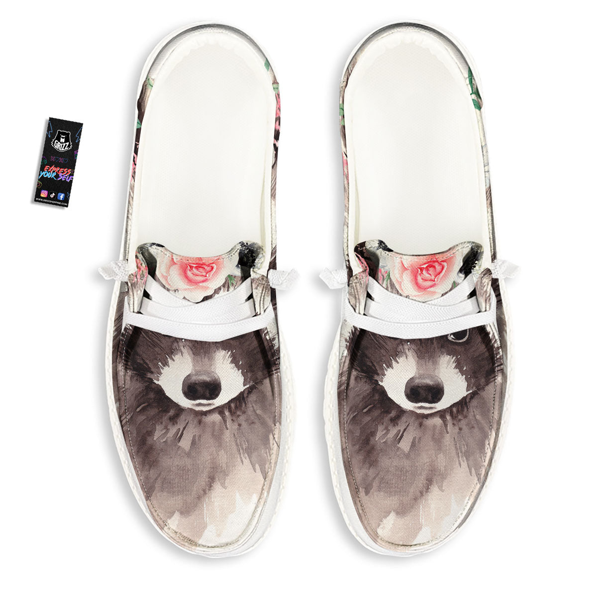 Flower And Raccoon Print Black Loafers-grizzshop