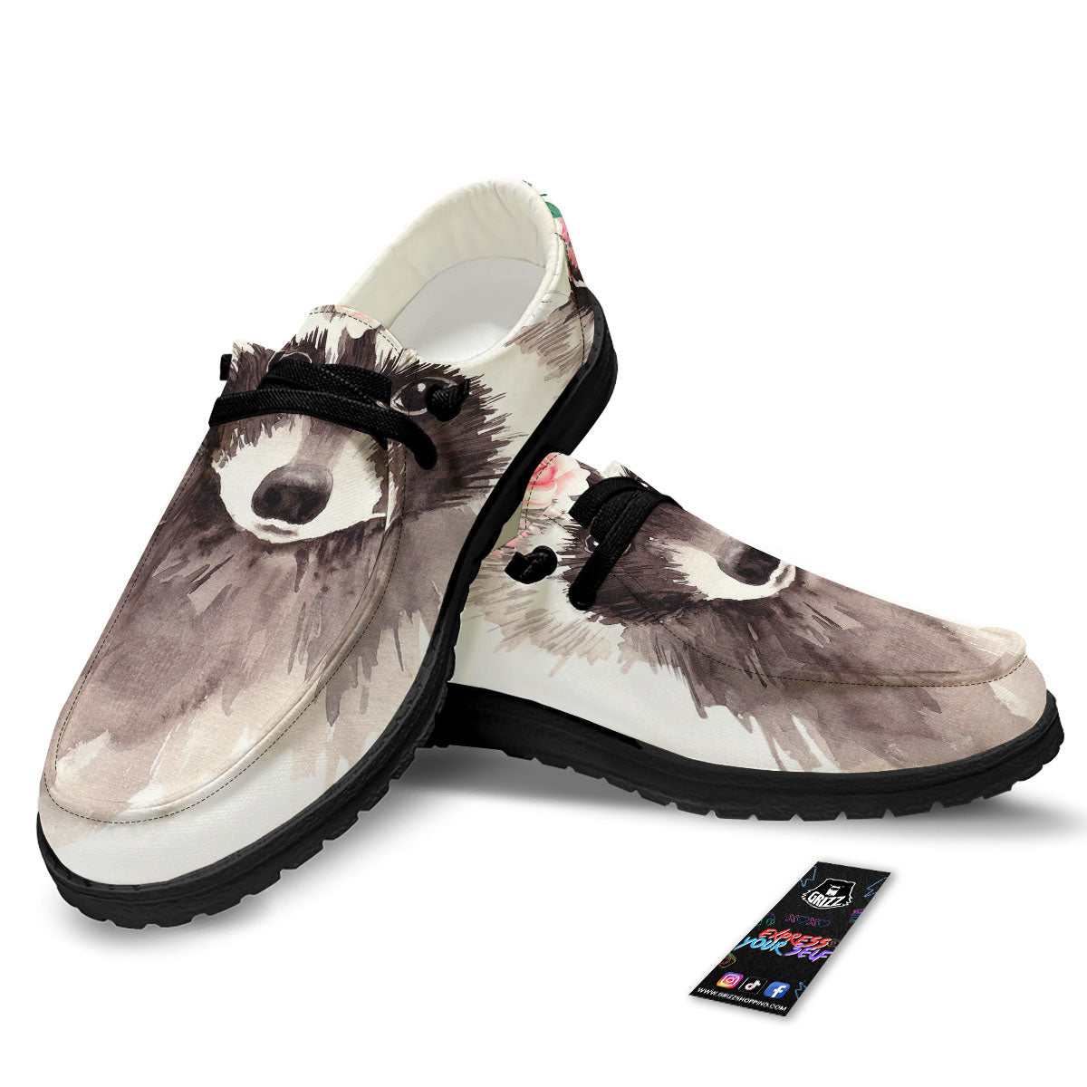 Flower And Raccoon Print Black Loafers-grizzshop