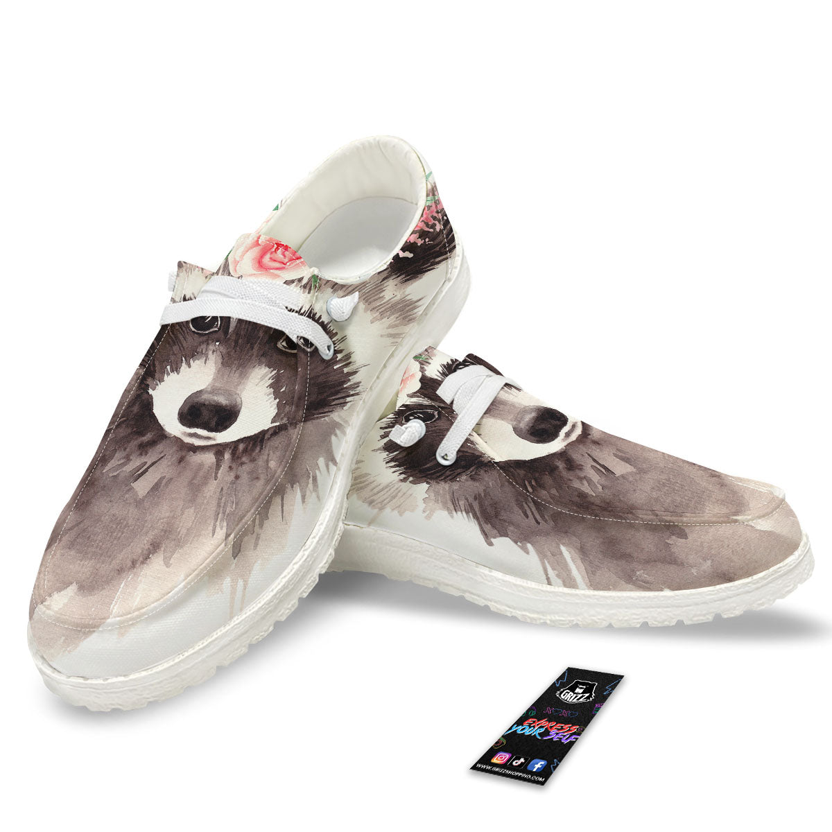 Flower And Raccoon Print Black Loafers-grizzshop