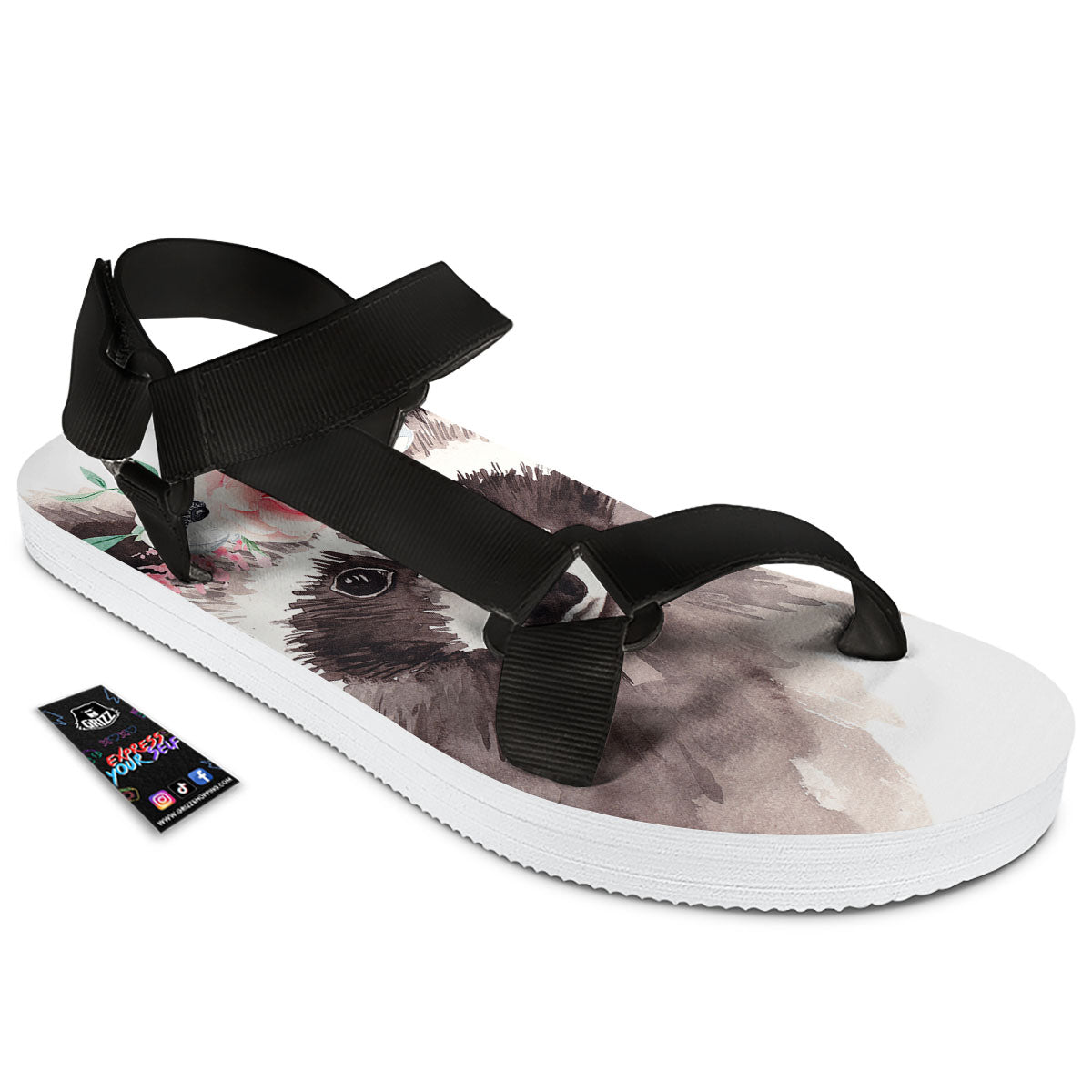 Flower And Raccoon Print Black Open Toe Sandals-grizzshop
