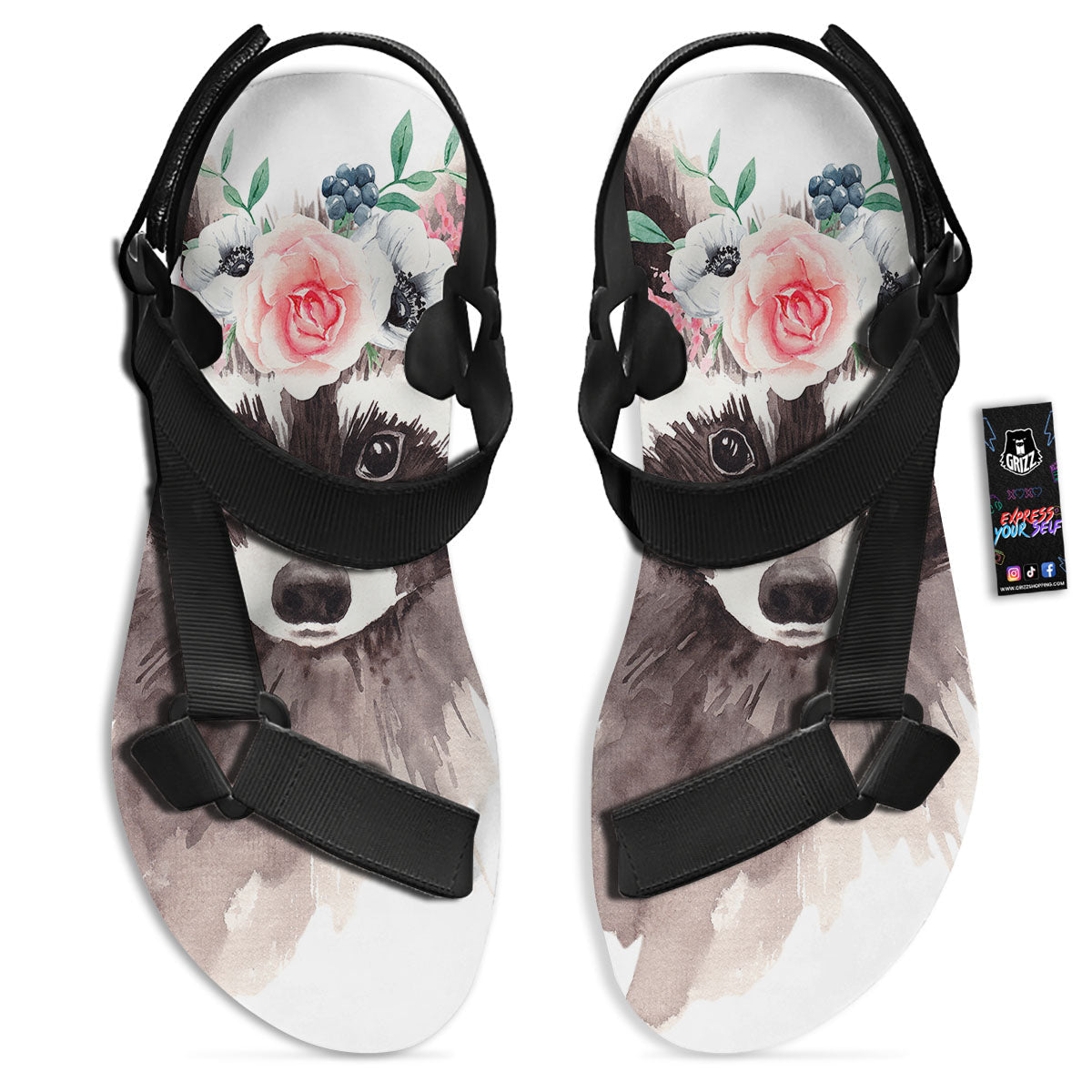 Flower And Raccoon Print Black Open Toe Sandals-grizzshop
