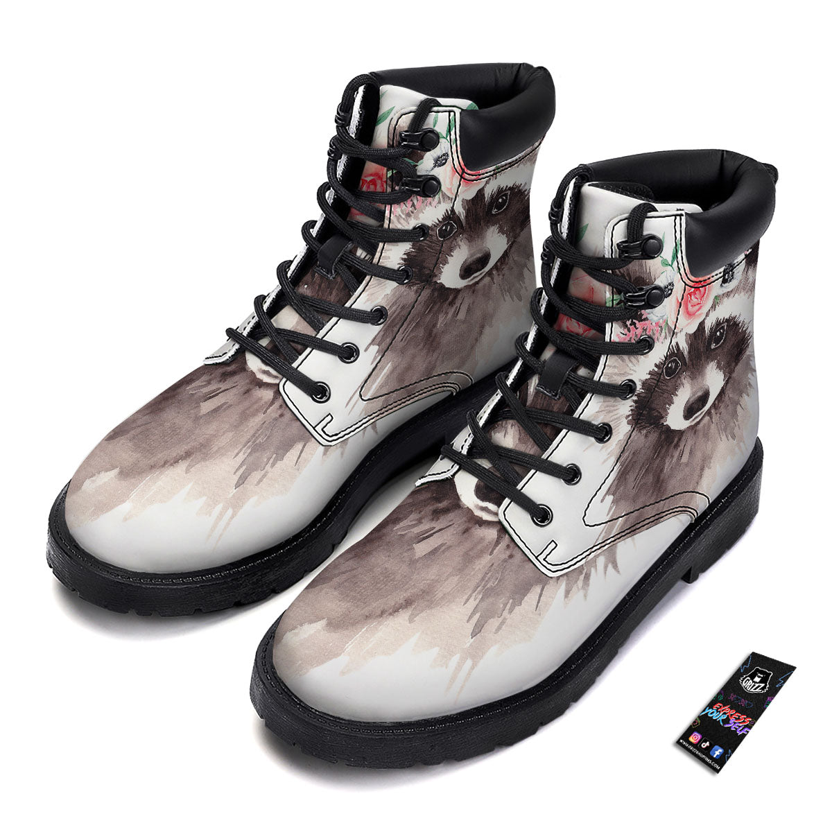 Flower And Raccoon Print Boots-grizzshop