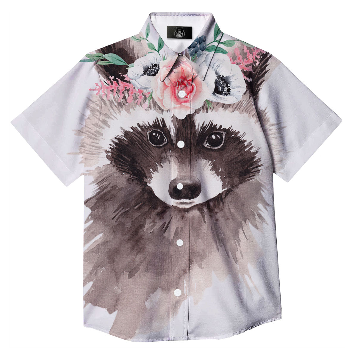 Flower And Raccoon Print Button Up Shirt-grizzshop