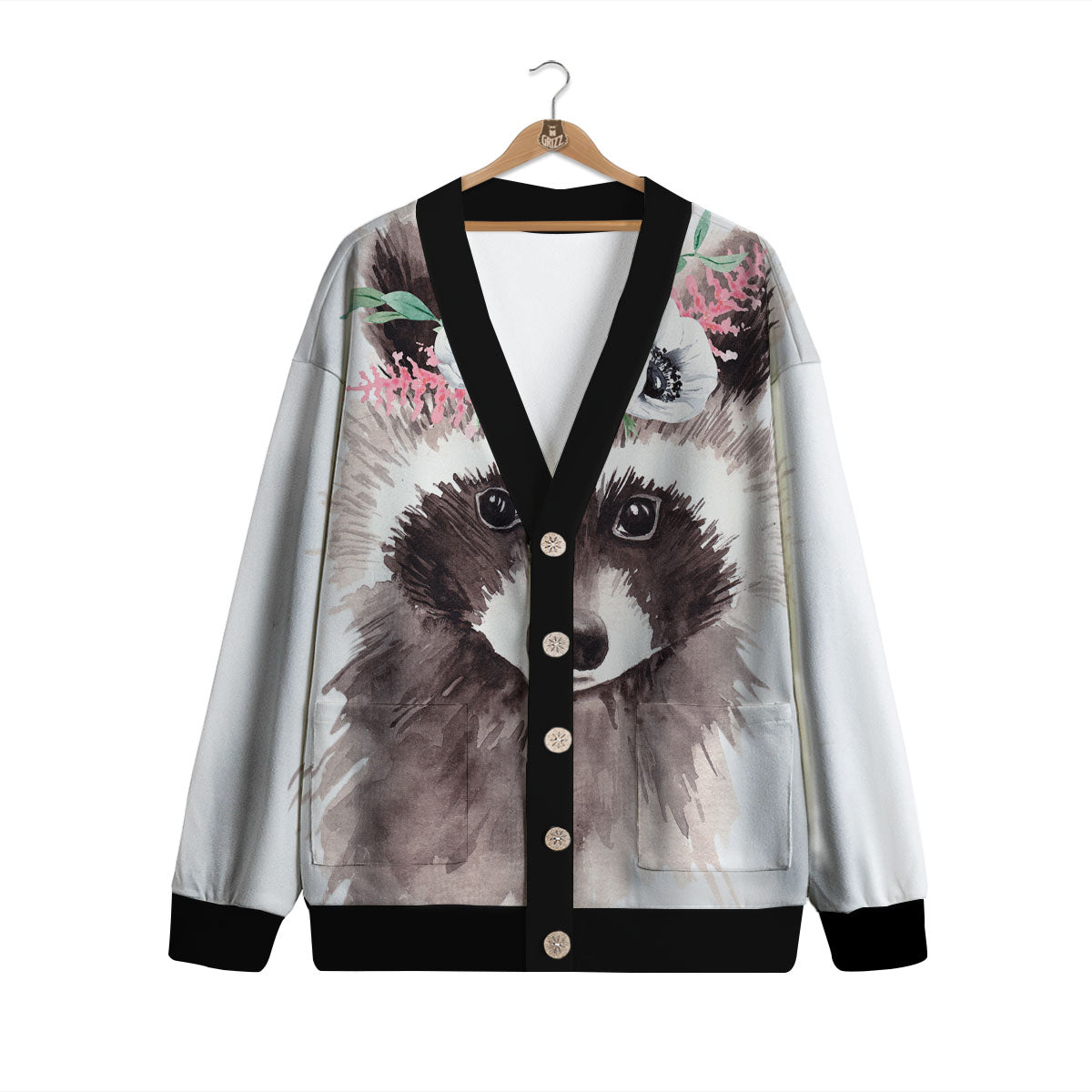 Flower And Raccoon Print Cardigan-grizzshop