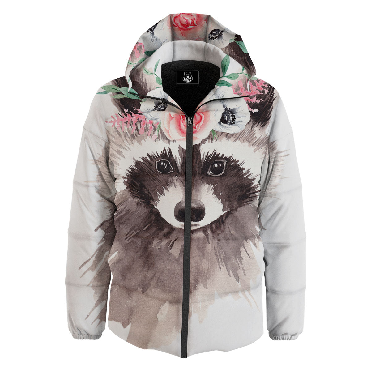 Flower And Raccoon Print Down Jacket-grizzshop