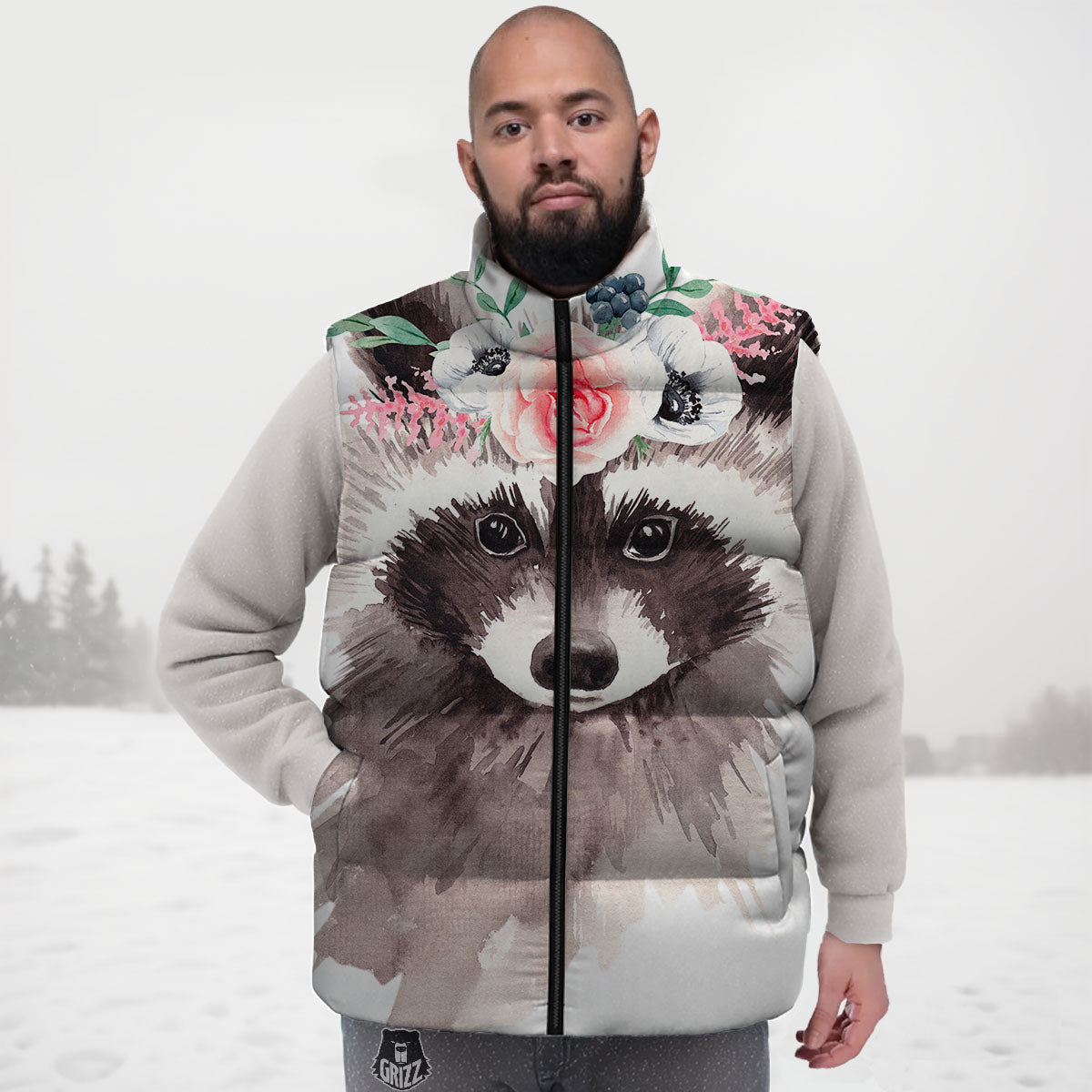 Flower And Raccoon Print Down Vest