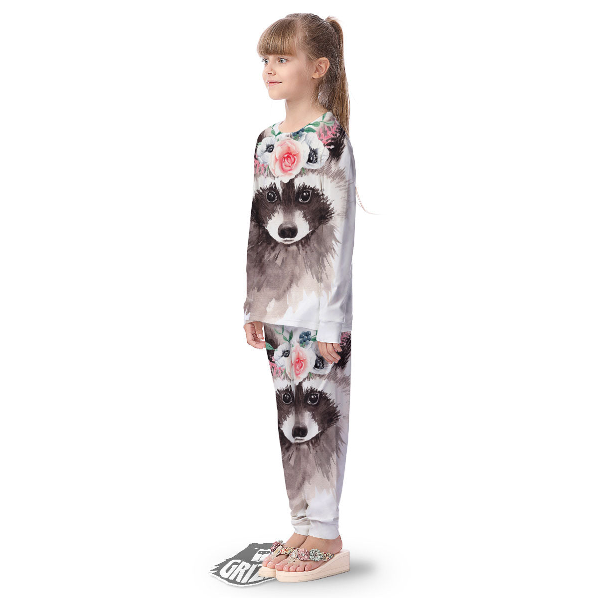Flower And Raccoon Print Kid's Pajamas-grizzshop