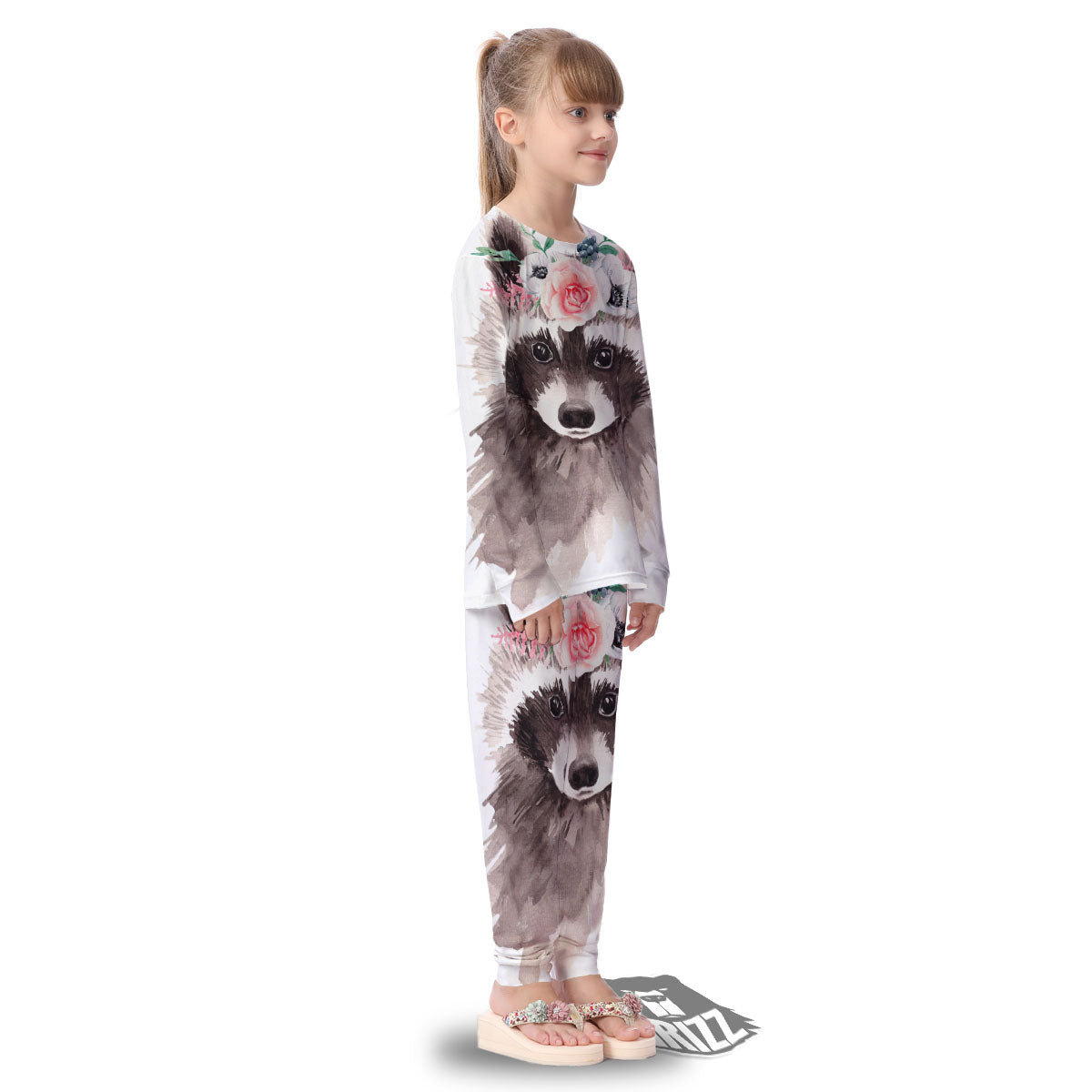 Flower And Raccoon Print Kid's Pajamas-grizzshop