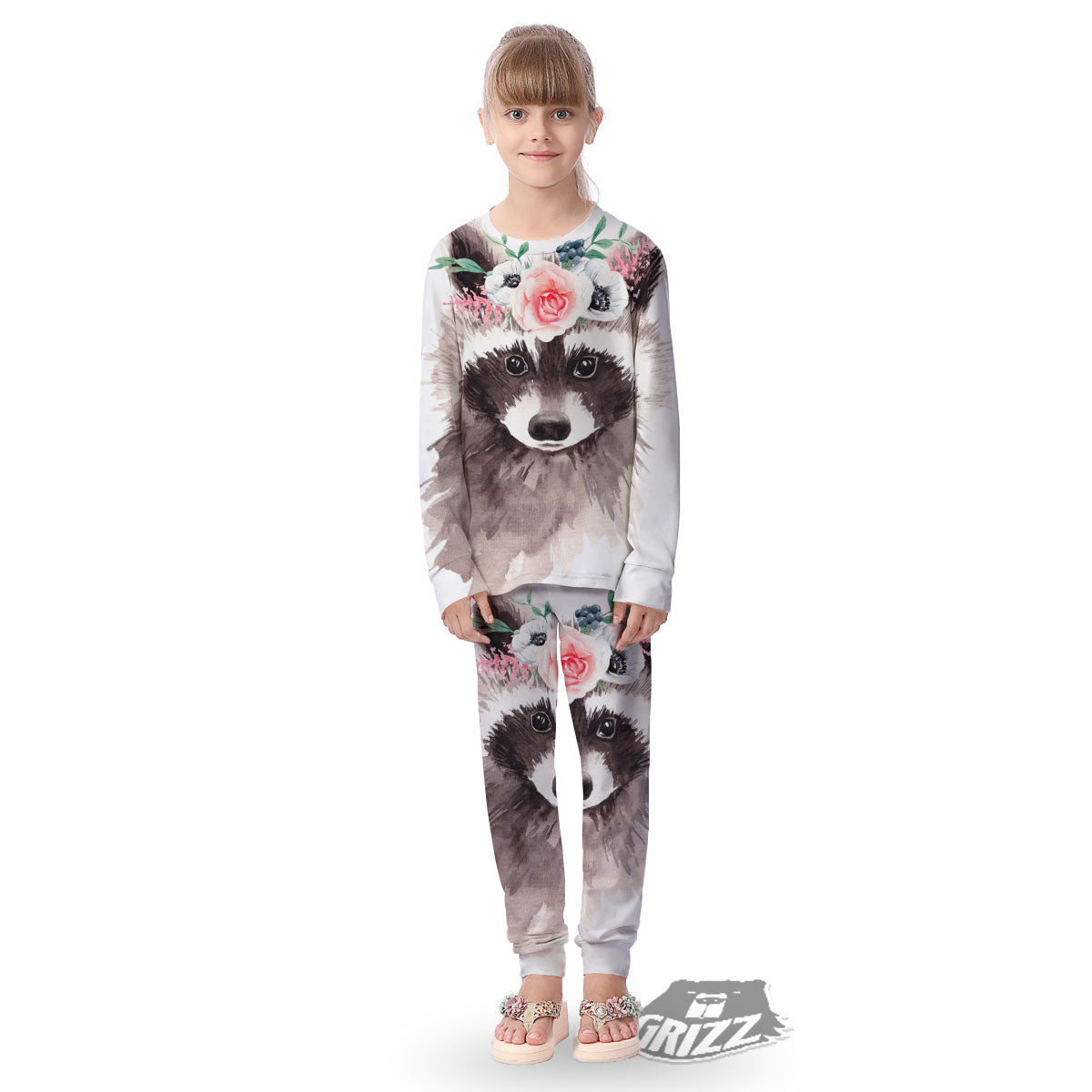 Flower And Raccoon Print Kid's Pajamas-grizzshop