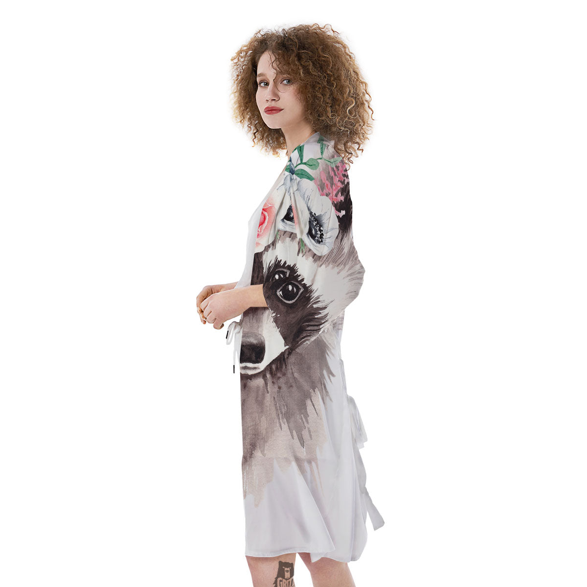 Flower And Raccoon Print Kimono-grizzshop