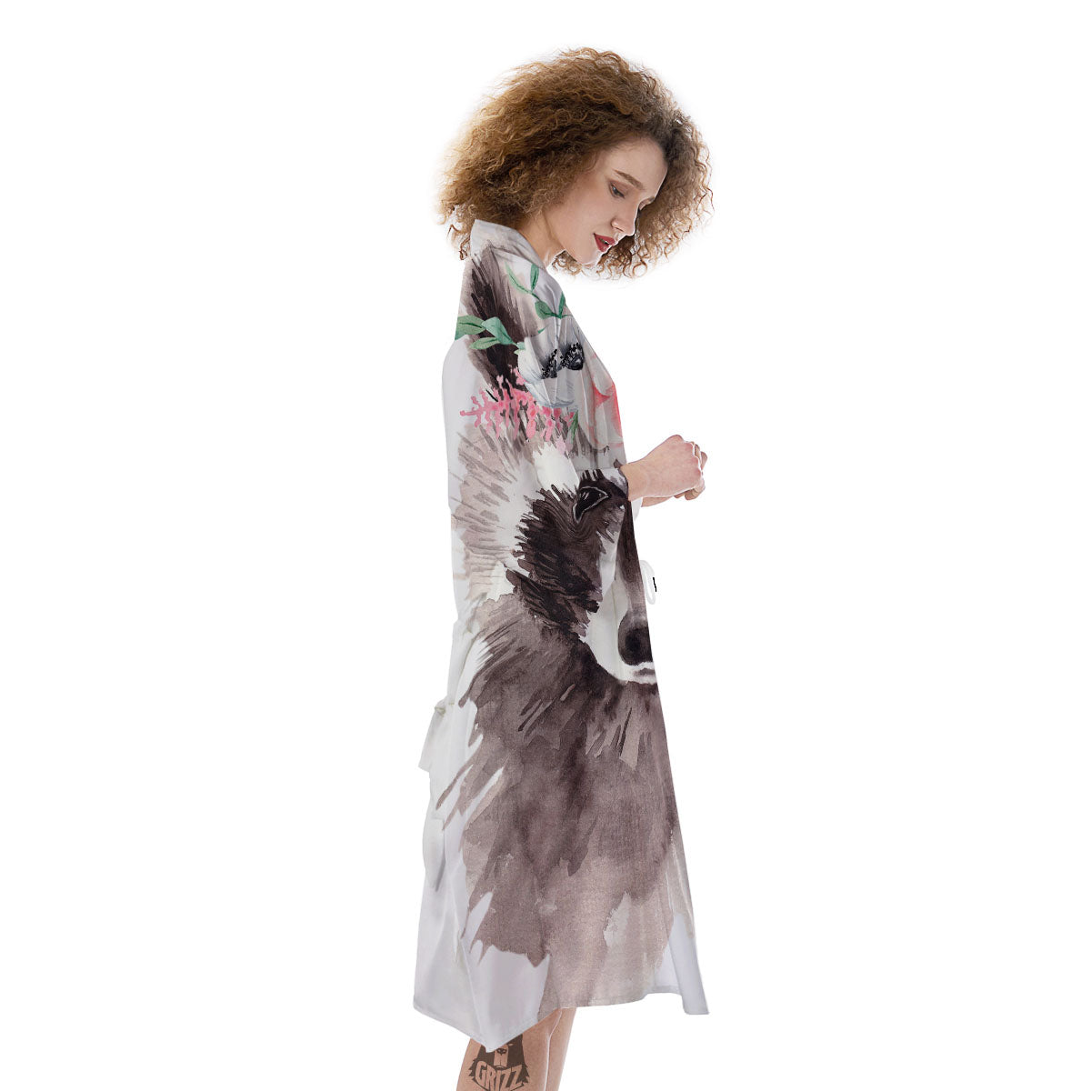 Flower And Raccoon Print Kimono-grizzshop