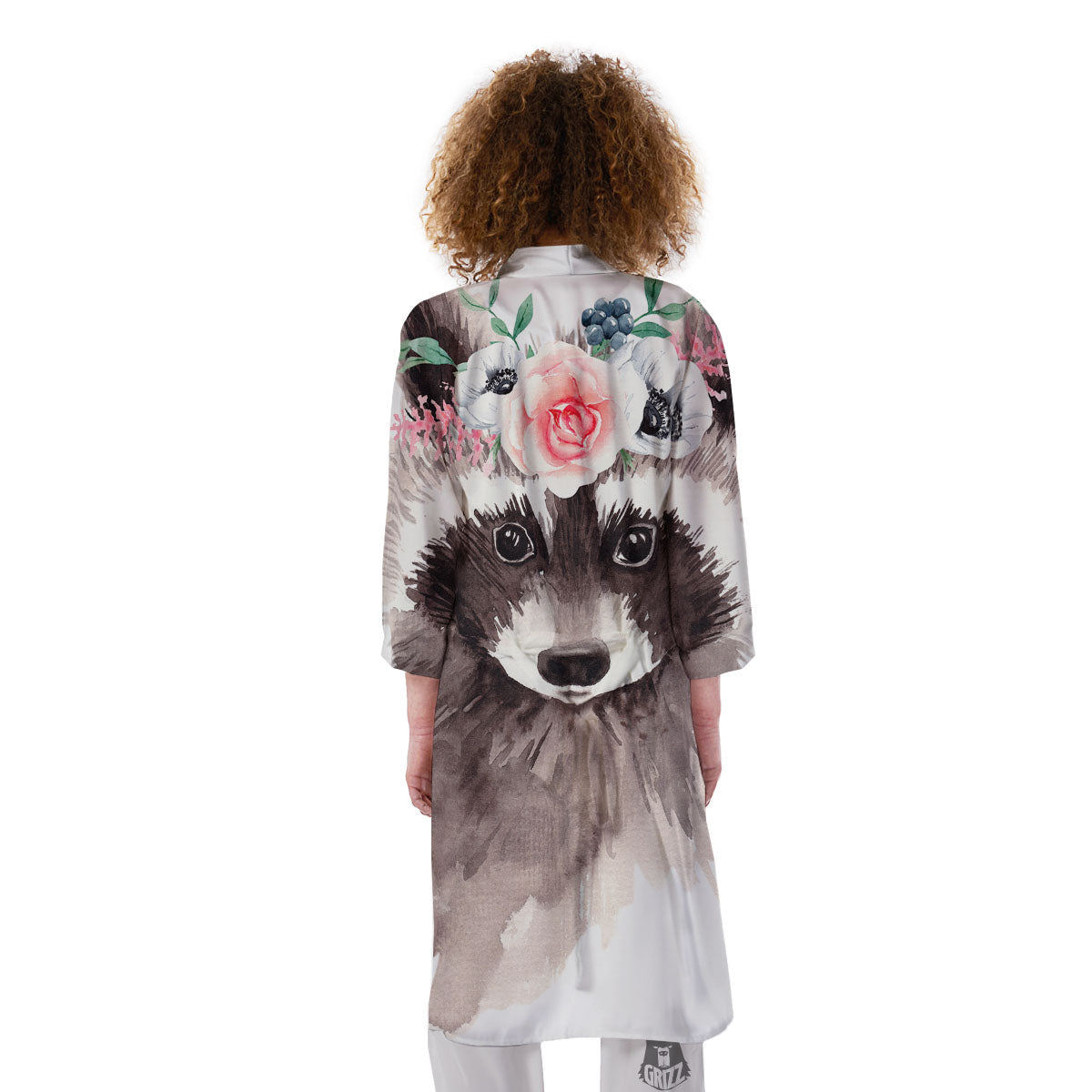 Flower And Raccoon Print Kimono-grizzshop