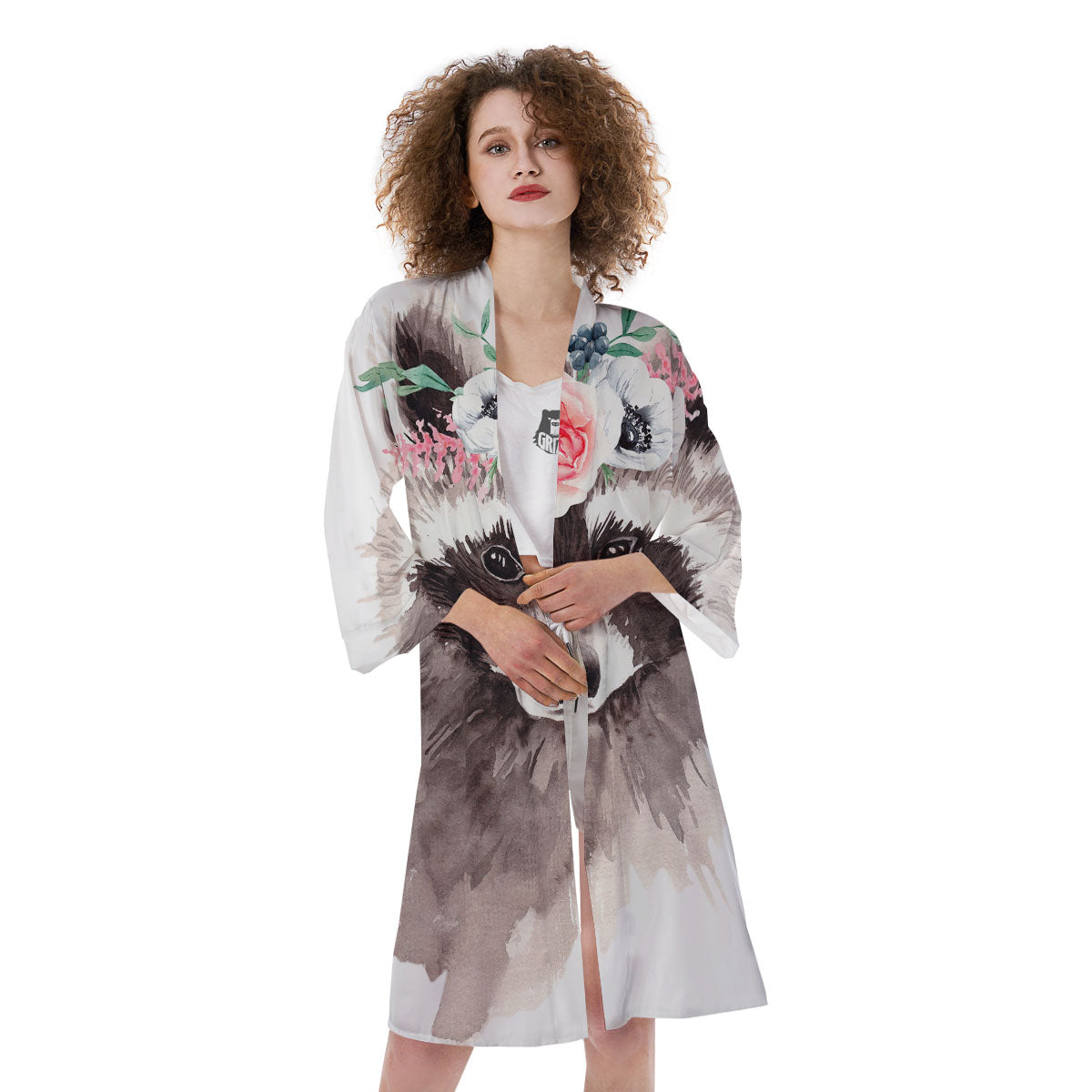 Flower And Raccoon Print Kimono-grizzshop