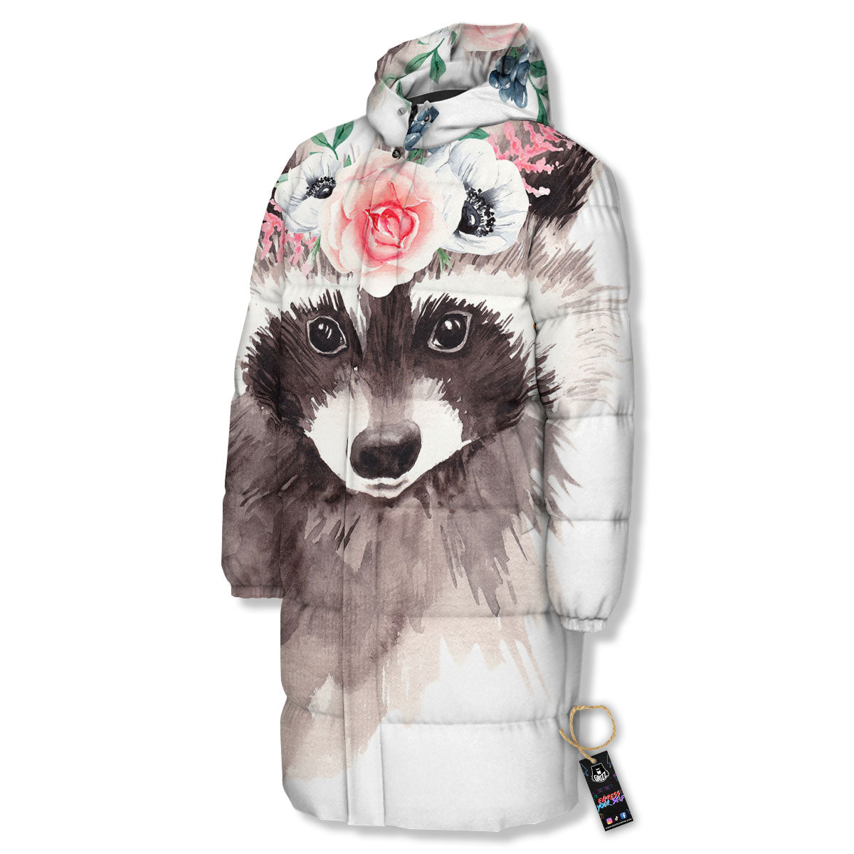 Flower And Raccoon Print Long Down Jacket-grizzshop