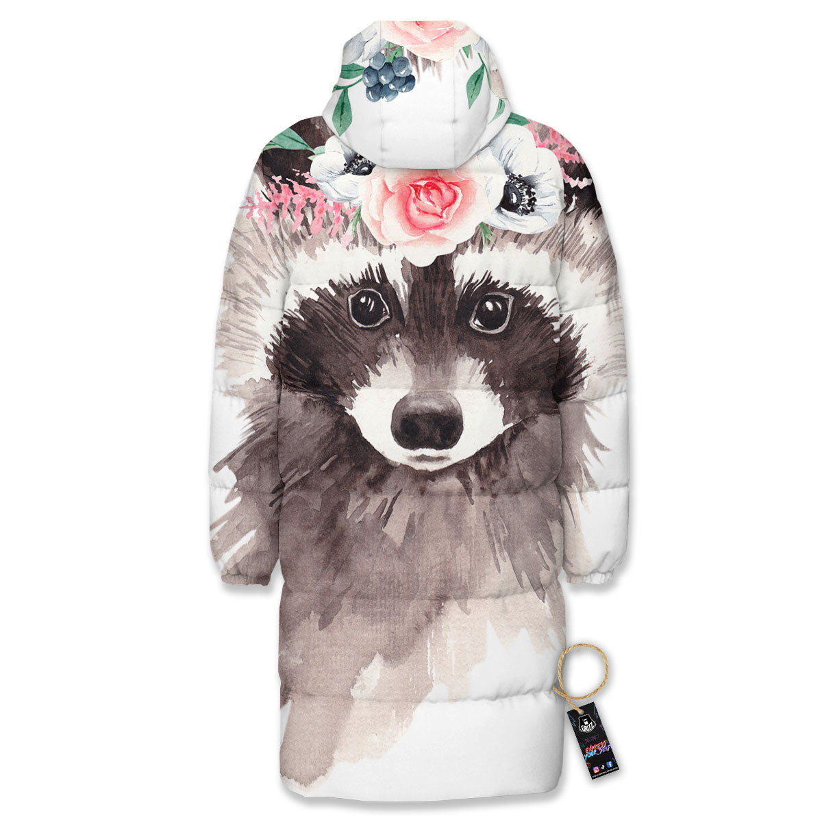 Flower And Raccoon Print Long Down Jacket-grizzshop