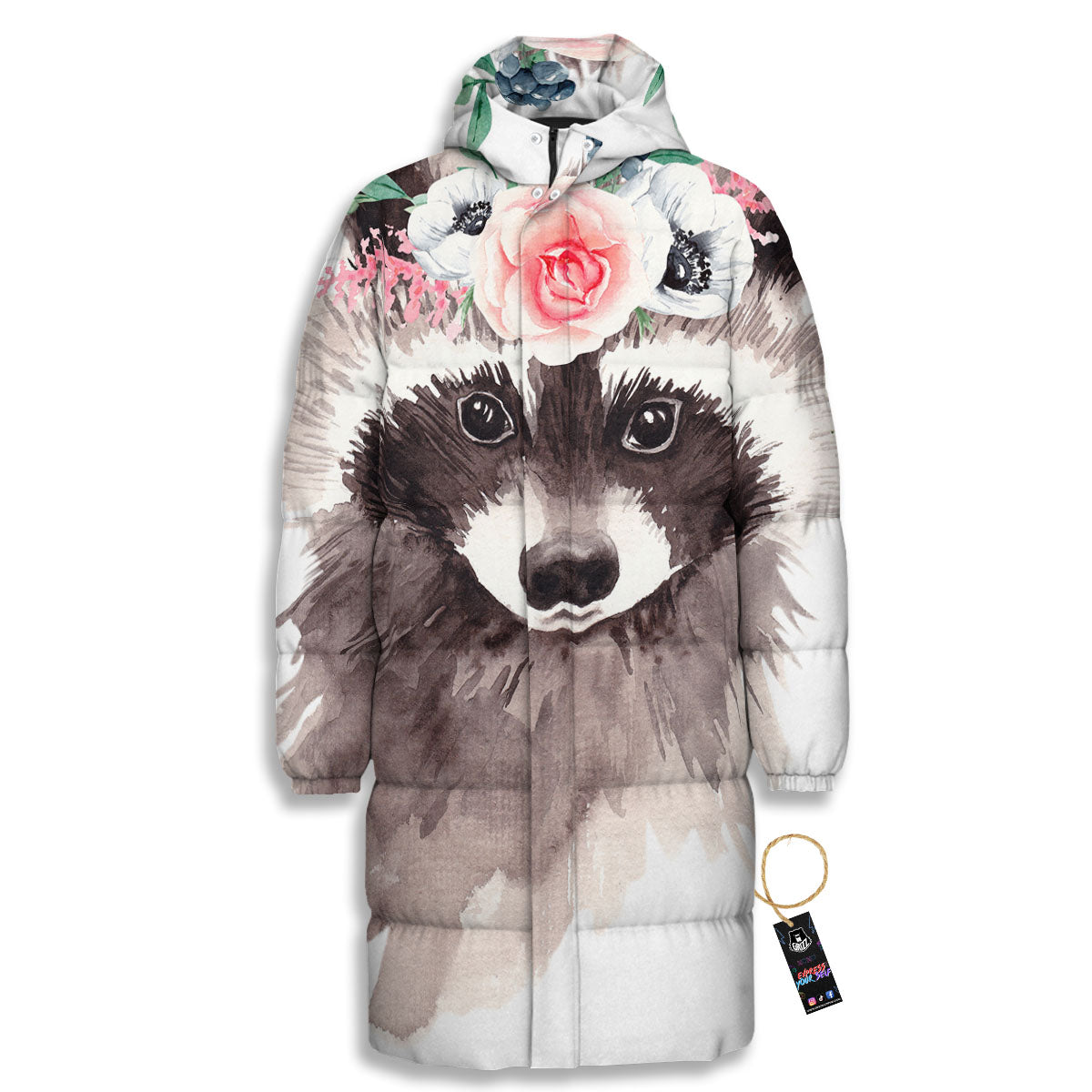 Flower And Raccoon Print Long Down Jacket-grizzshop