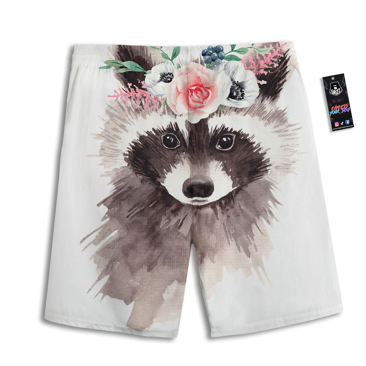 Flower And Raccoon Print Men's Athletic Shorts