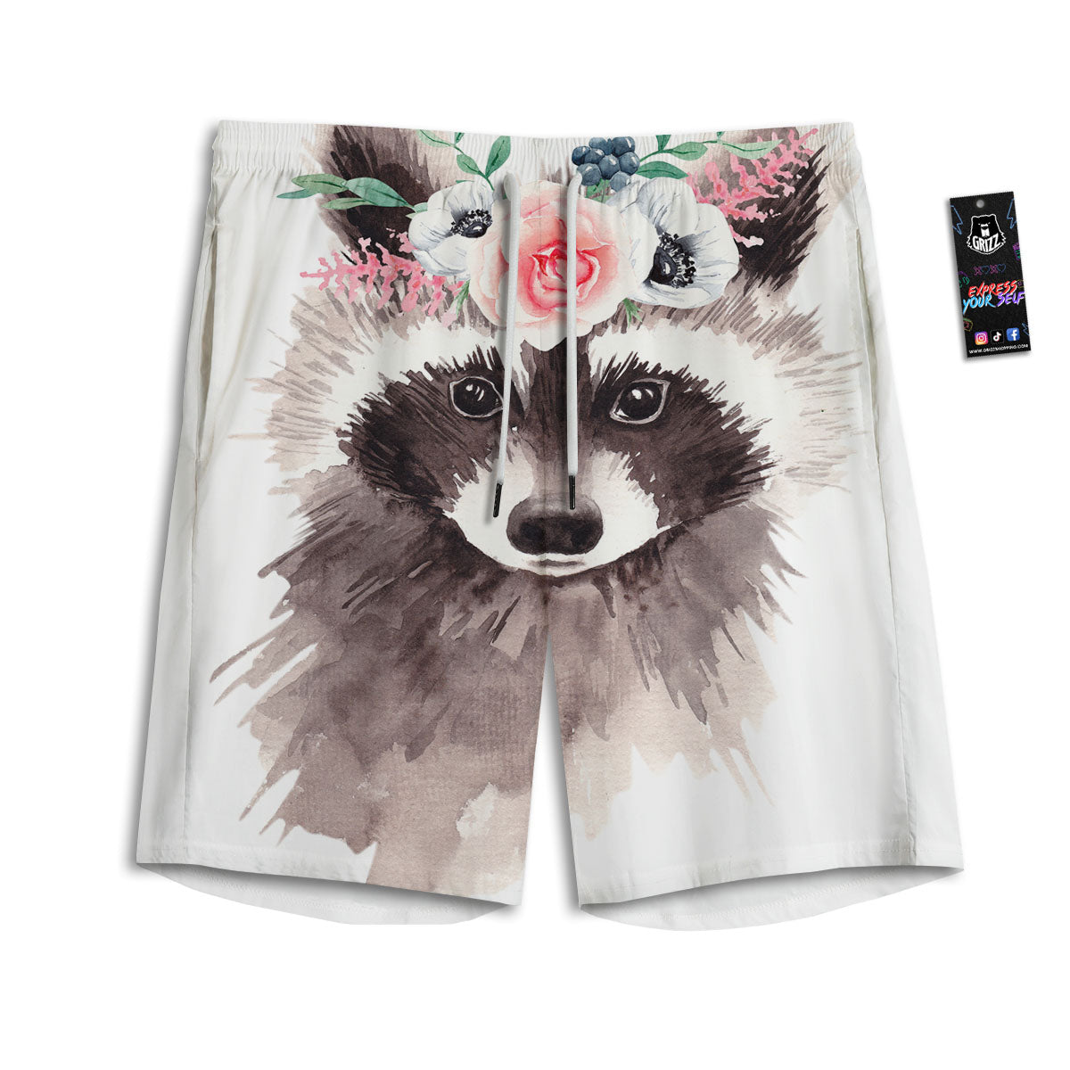 Flower And Raccoon Print Men's Athletic Shorts