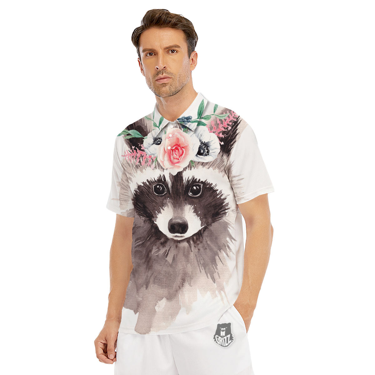 Flower And Raccoon Print Men's Golf Shirts-grizzshop