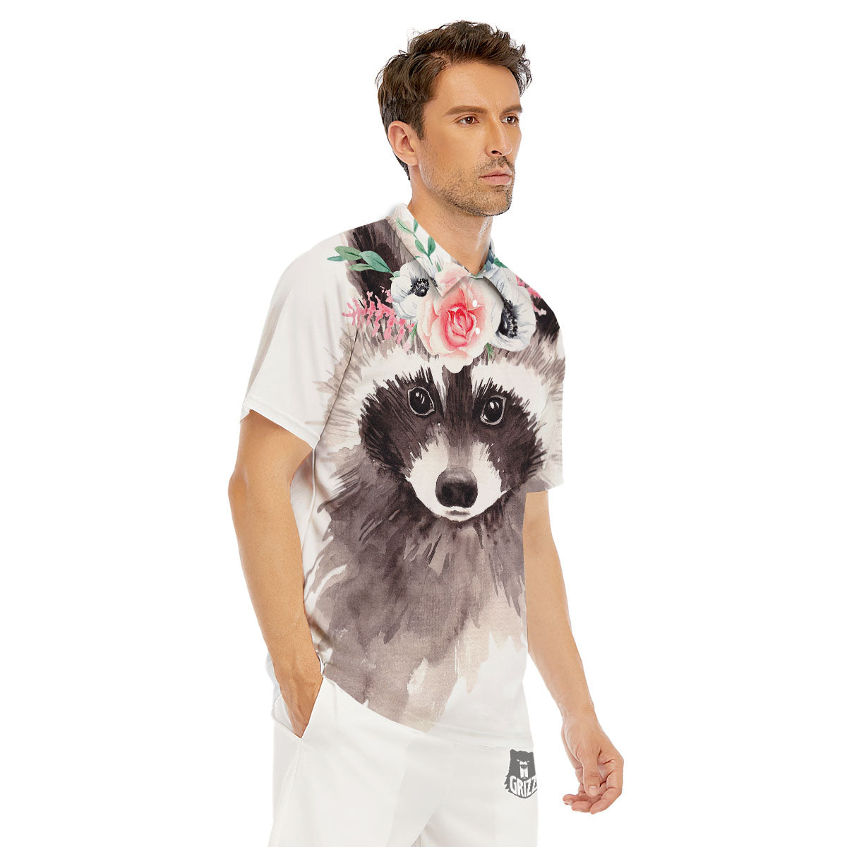 Flower And Raccoon Print Men's Golf Shirts-grizzshop