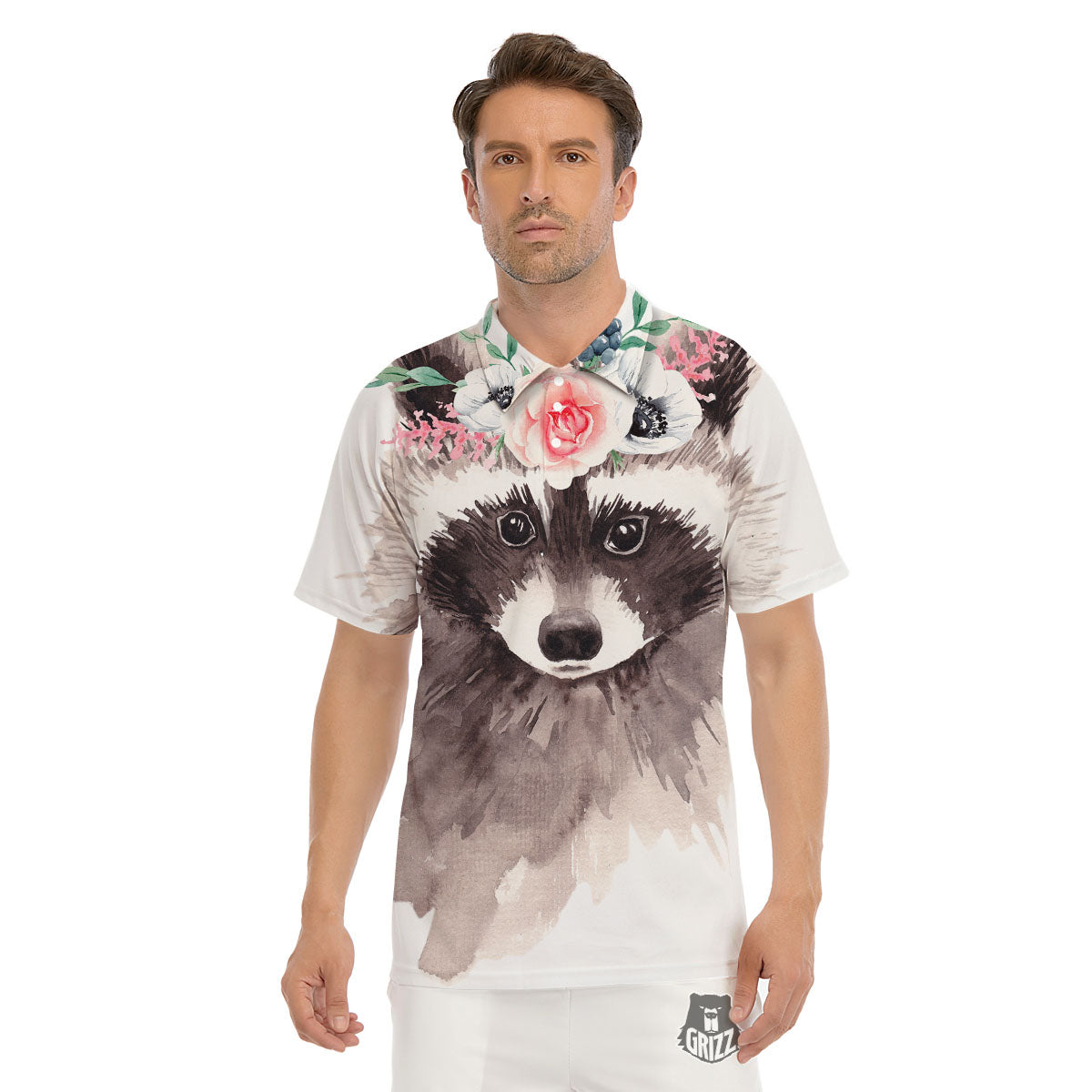 Flower And Raccoon Print Men's Golf Shirts-grizzshop