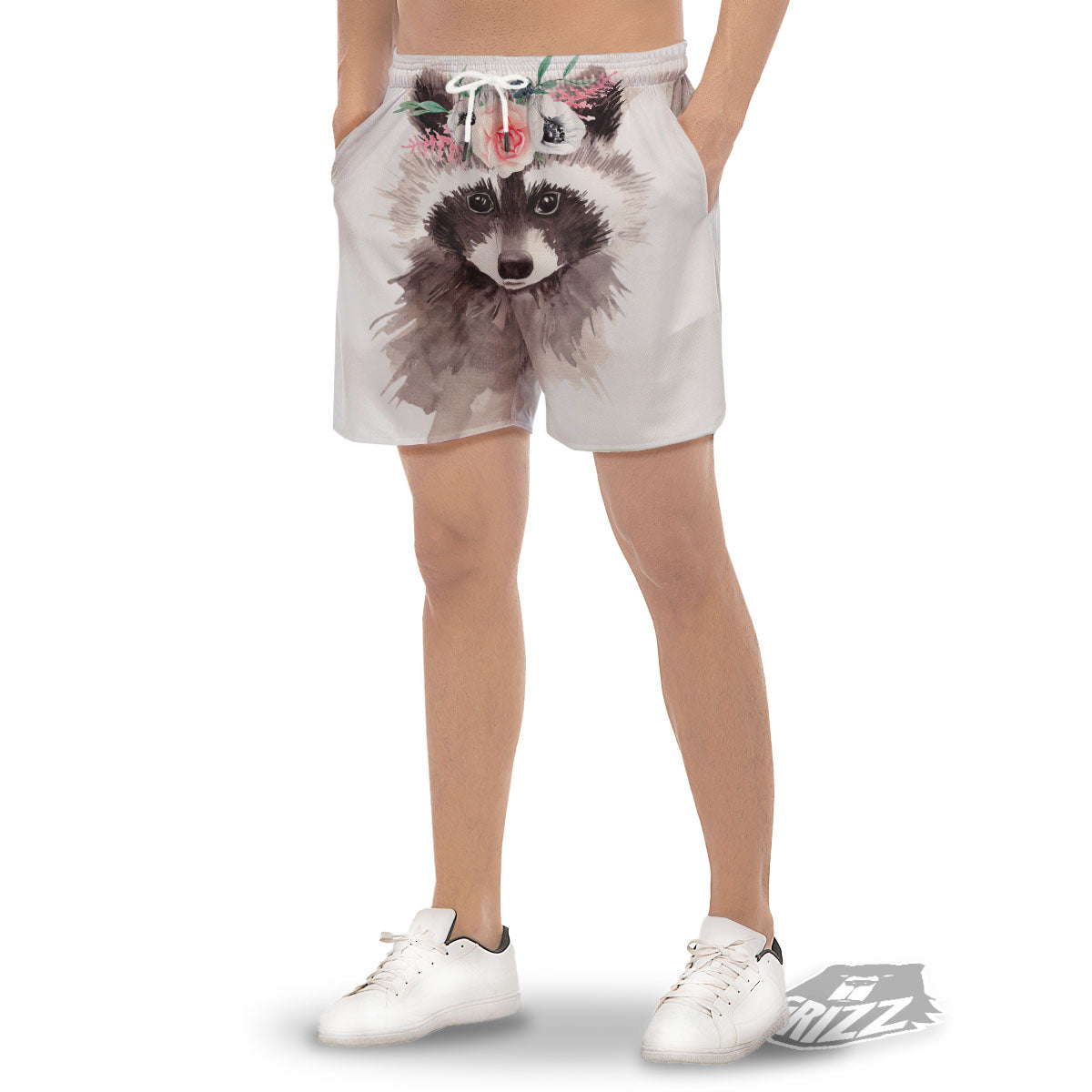 Flower And Raccoon Print Men's Gym Shorts-grizzshop