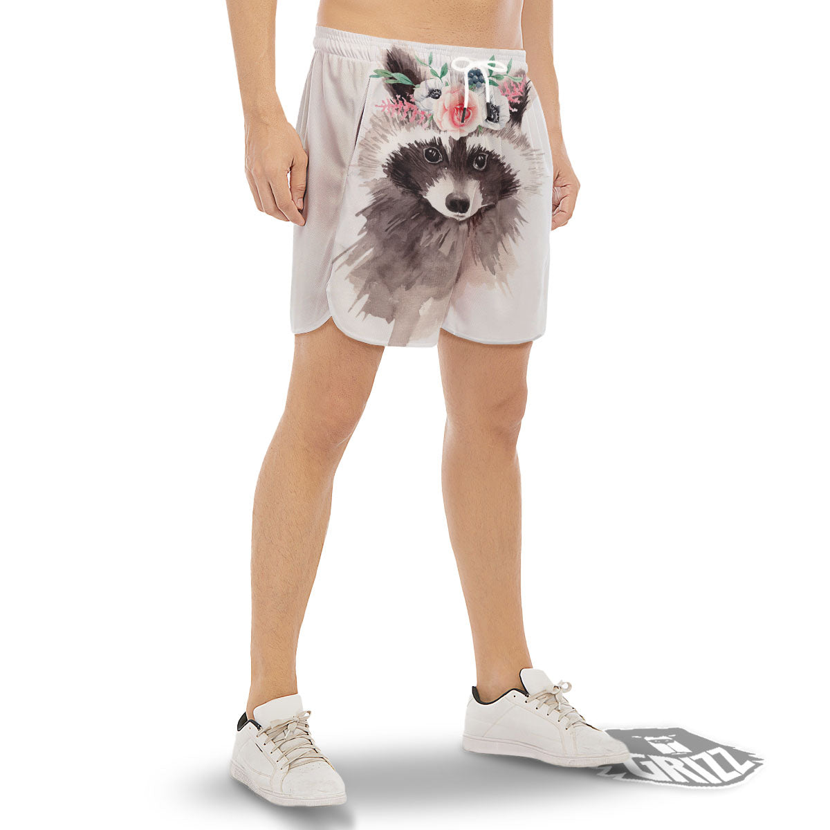 Flower And Raccoon Print Men's Gym Shorts-grizzshop