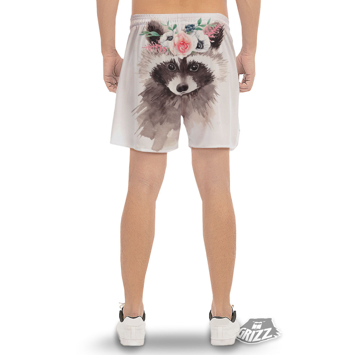 Flower And Raccoon Print Men's Gym Shorts-grizzshop