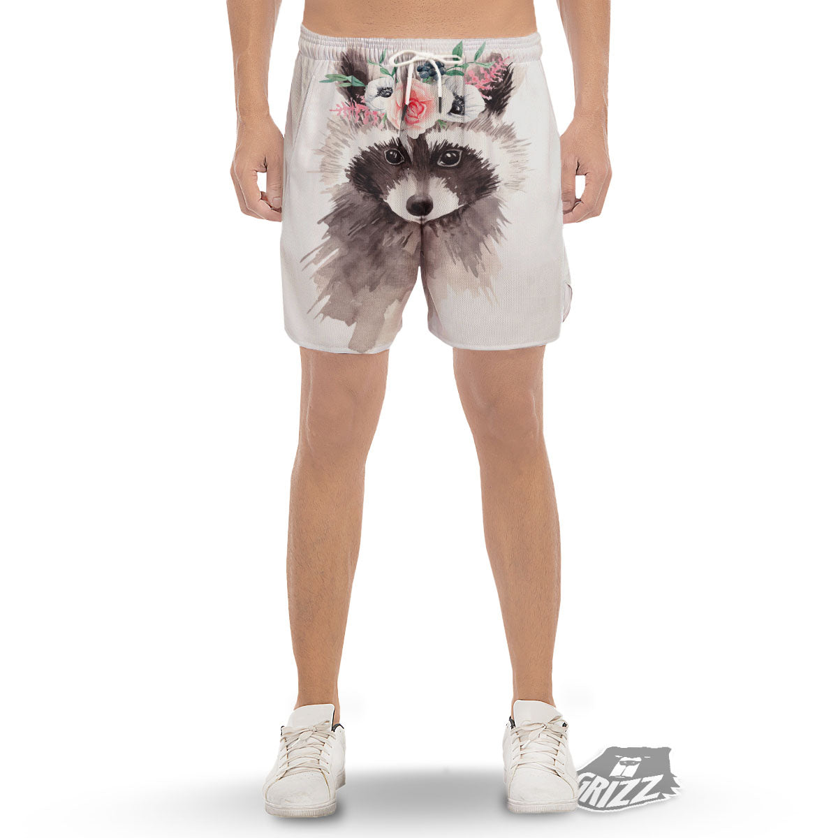 Flower And Raccoon Print Men's Gym Shorts-grizzshop