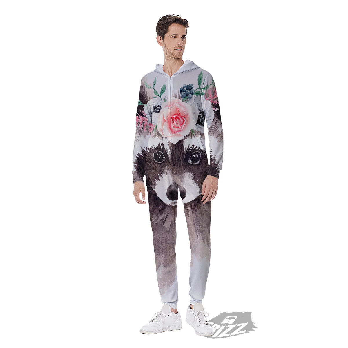 Flower And Raccoon Print Men's Jumpsuit-grizzshop