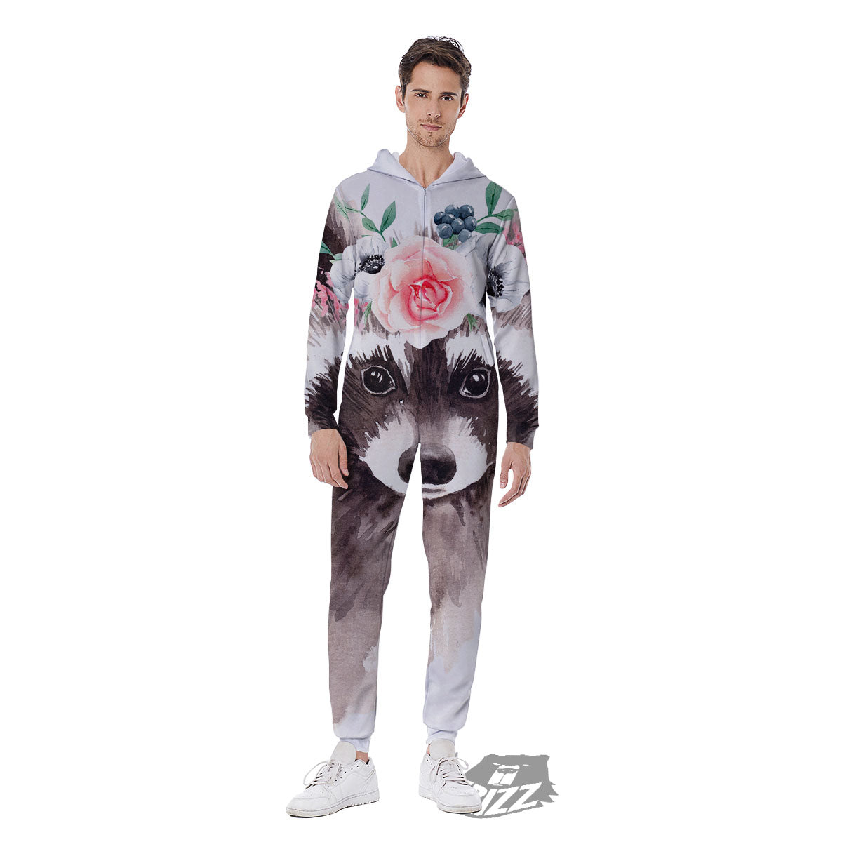 Flower And Raccoon Print Men's Jumpsuit-grizzshop