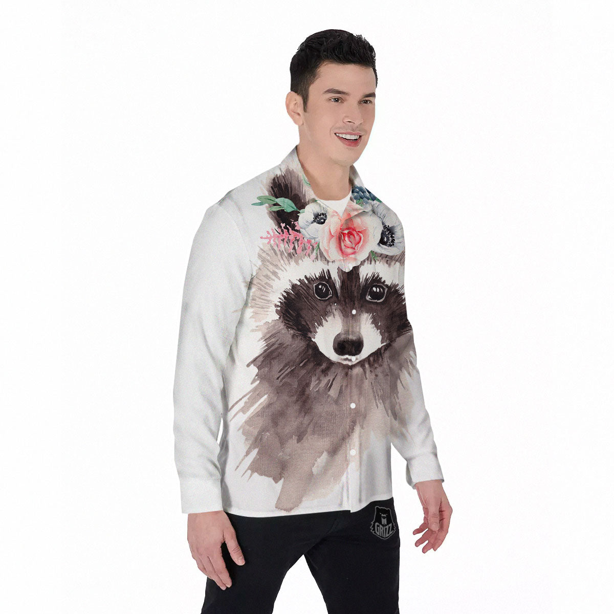 Flower And Raccoon Print Men's Long Sleeve Shirts-grizzshop