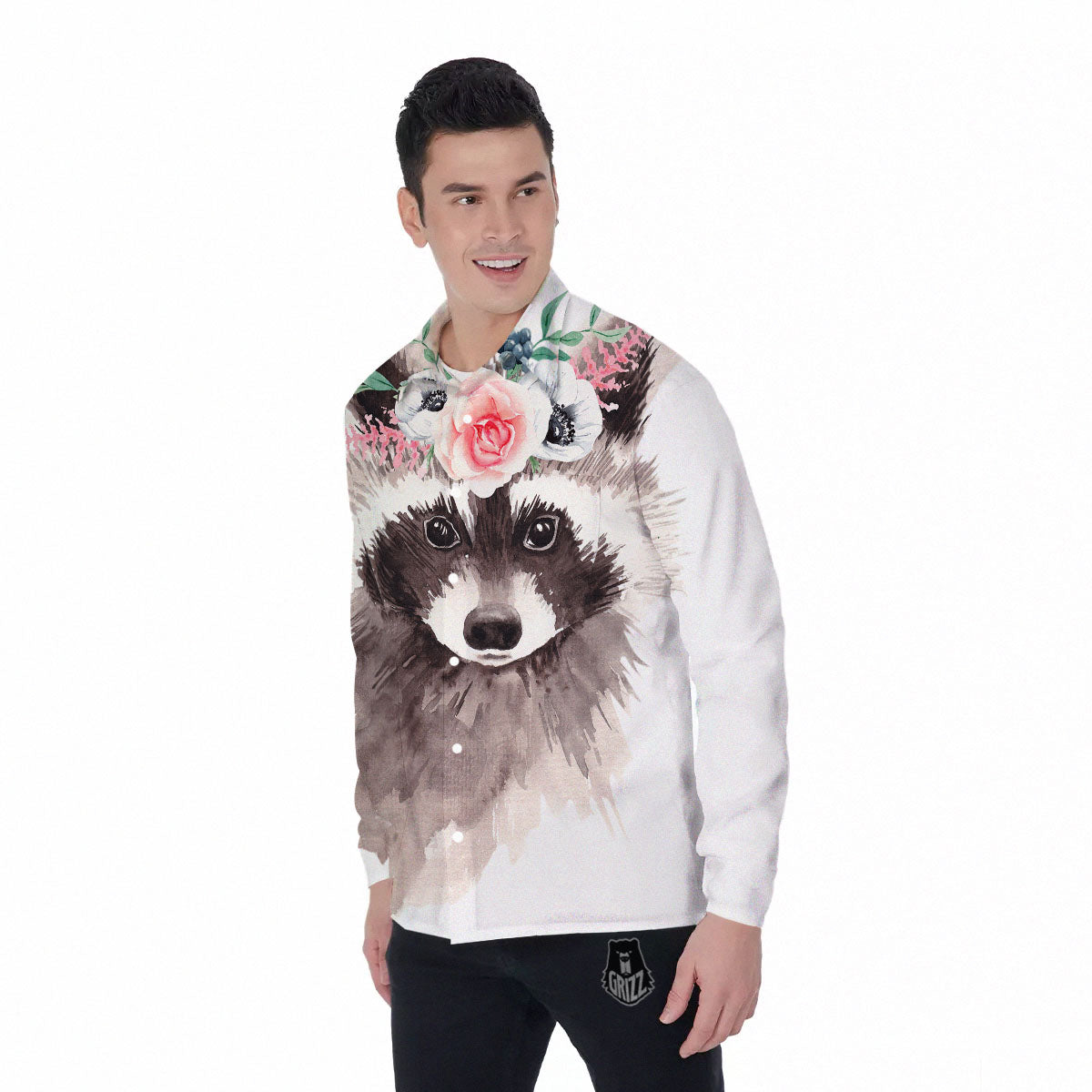 Flower And Raccoon Print Men's Long Sleeve Shirts-grizzshop