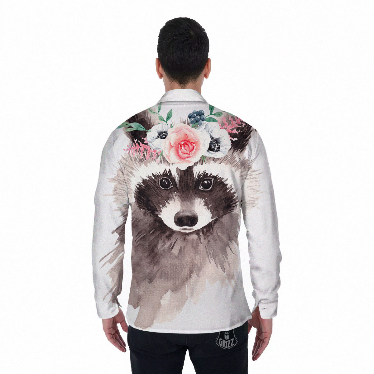Flower And Raccoon Print Men's Long Sleeve Shirts-grizzshop