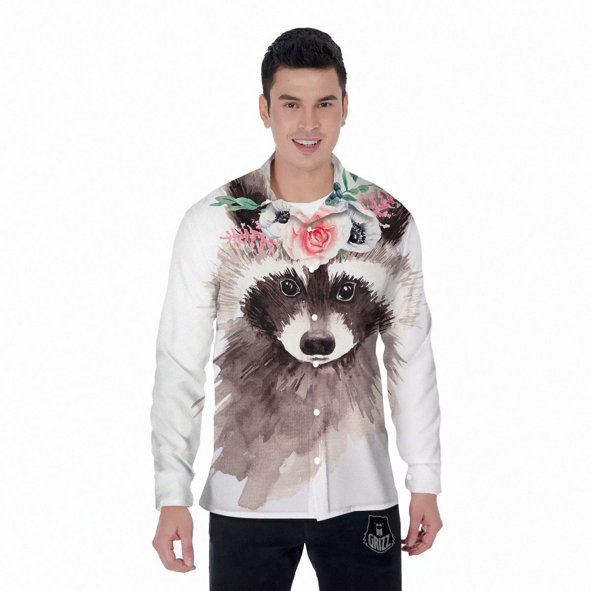 Flower And Raccoon Print Men's Long Sleeve Shirts-grizzshop