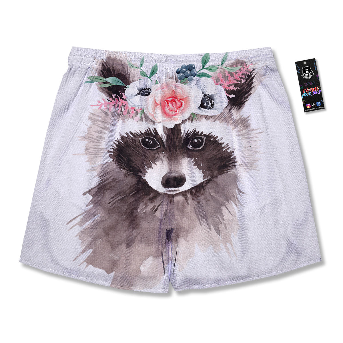 Flower And Raccoon Print Men's Running Shorts-grizzshop