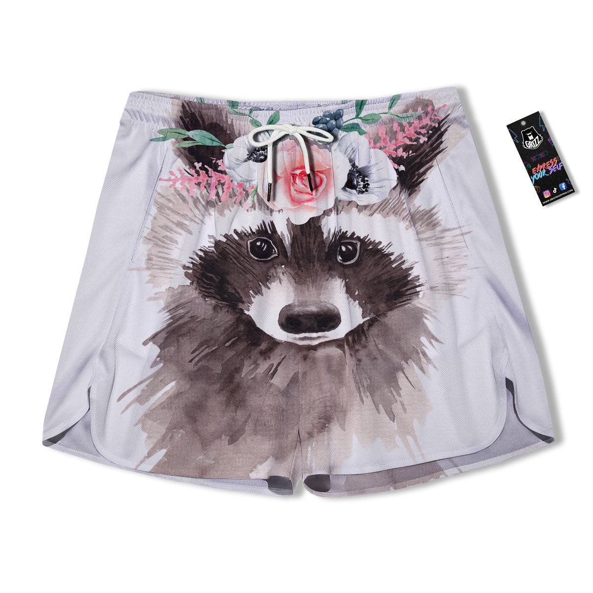 Flower And Raccoon Print Men's Running Shorts-grizzshop