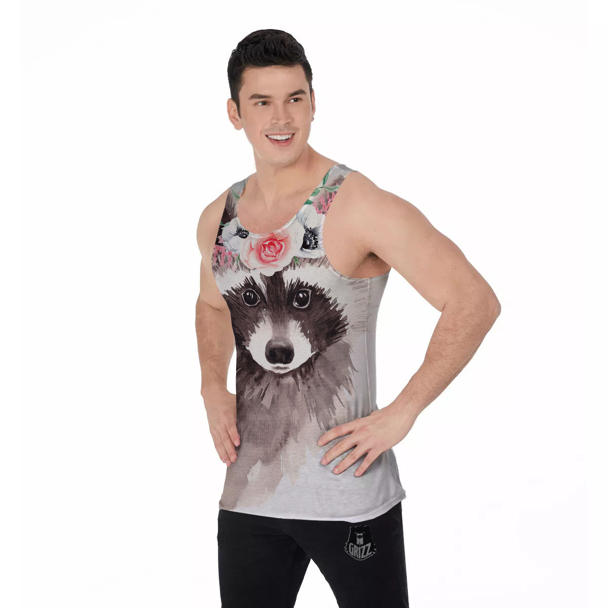 Flower And Raccoon Print Men's Tank Top-grizzshop